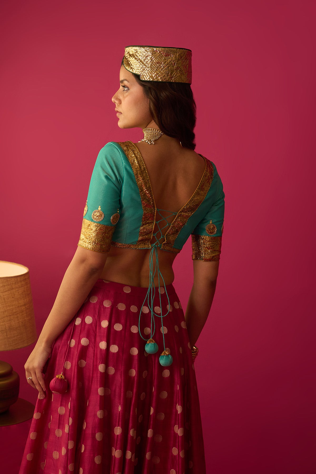 Nur pink double layer gota lehenga with blouse and mustard dupatta (set of 3) - Ready to ship