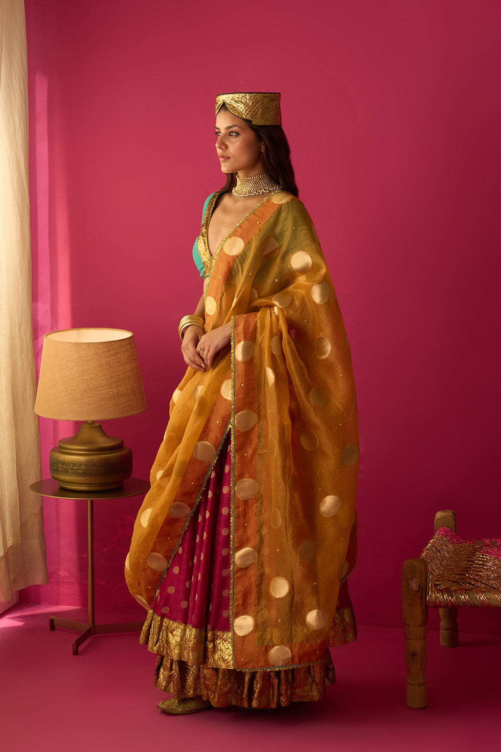 Nur pink double layer gota lehenga with blouse and mustard dupatta (set of 3) - Ready to ship