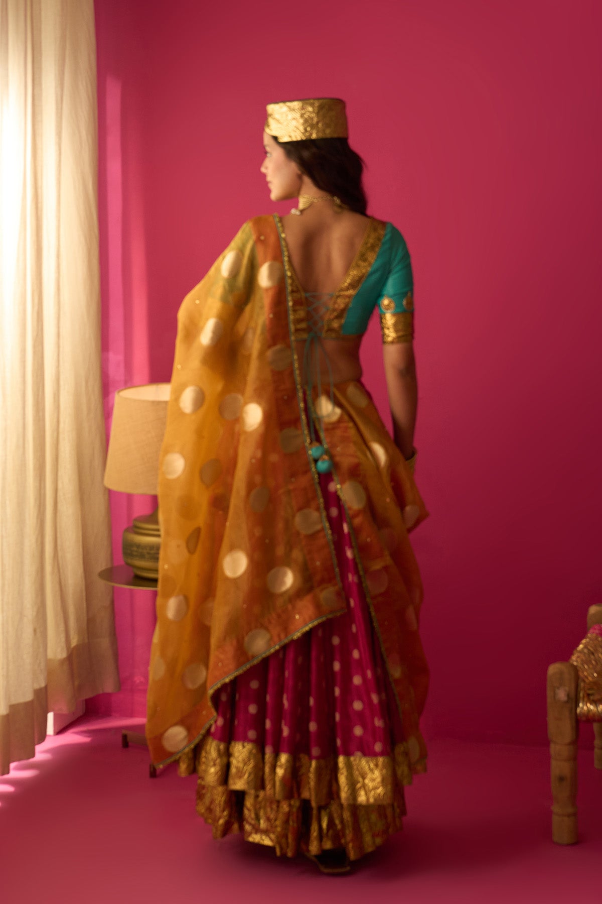 Nur pink double layer gota lehenga with blouse and mustard dupatta (set of 3) - Ready to ship