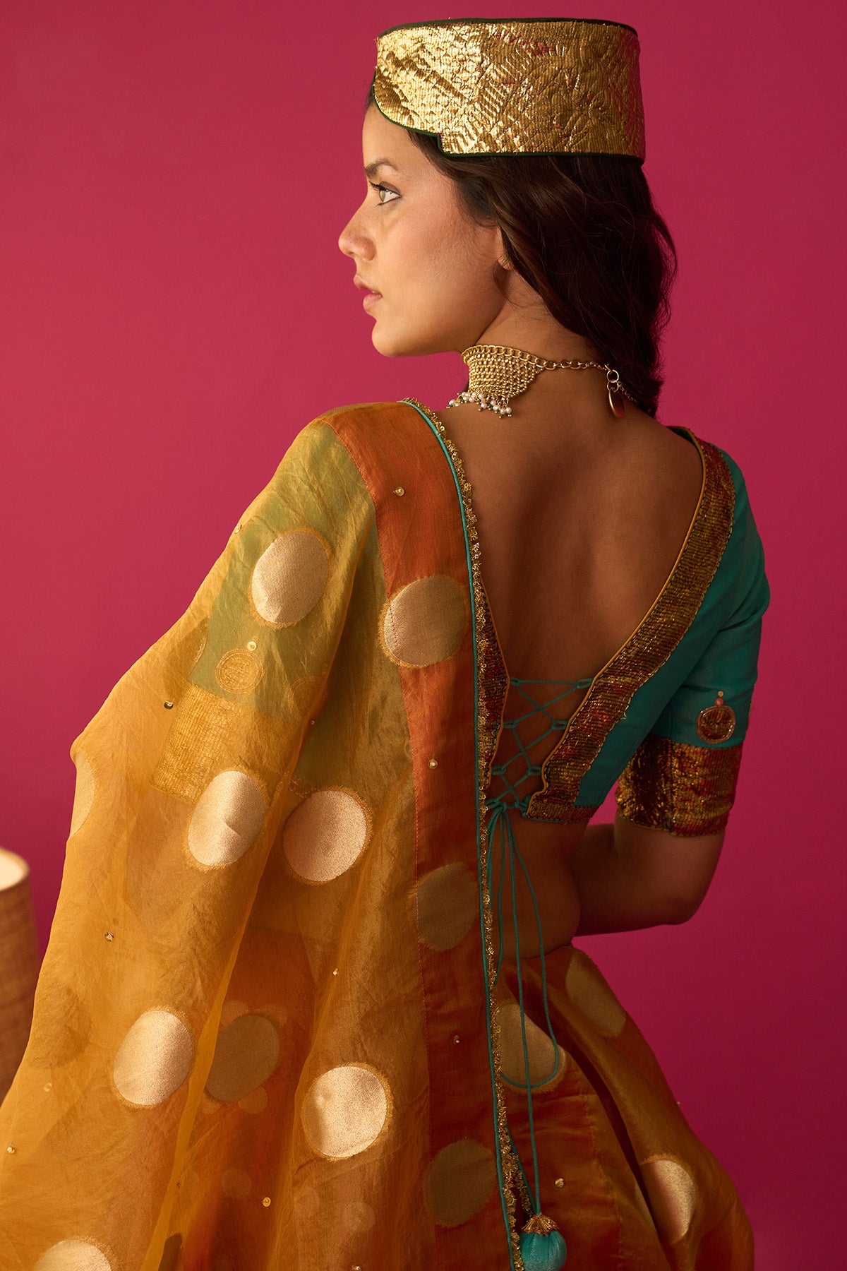 Nur pink double layer gota lehenga with blouse and mustard dupatta (set of 3) - Ready to ship