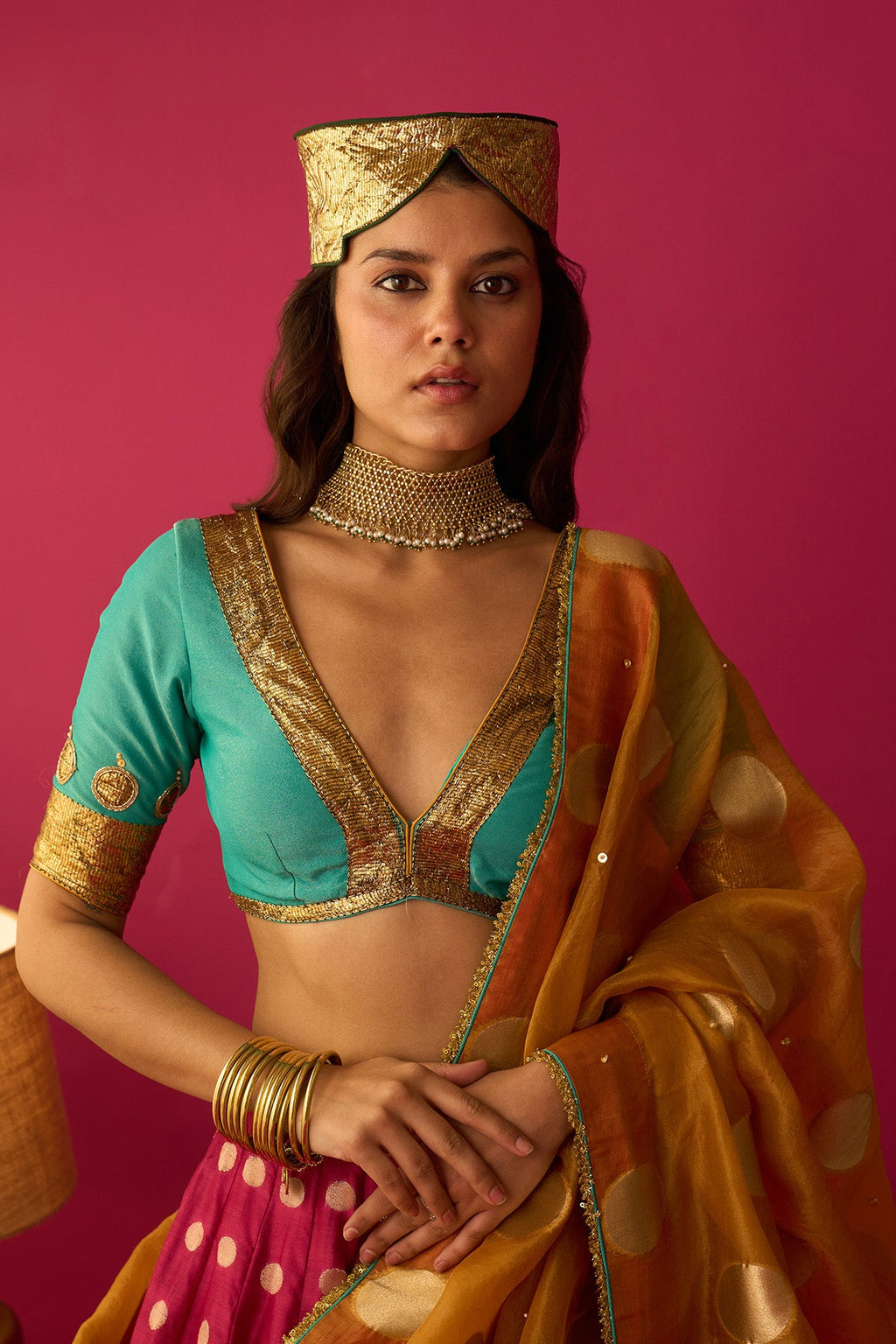 Nur pink double layer gota lehenga with blouse and mustard dupatta (set of 3) - Ready to ship
