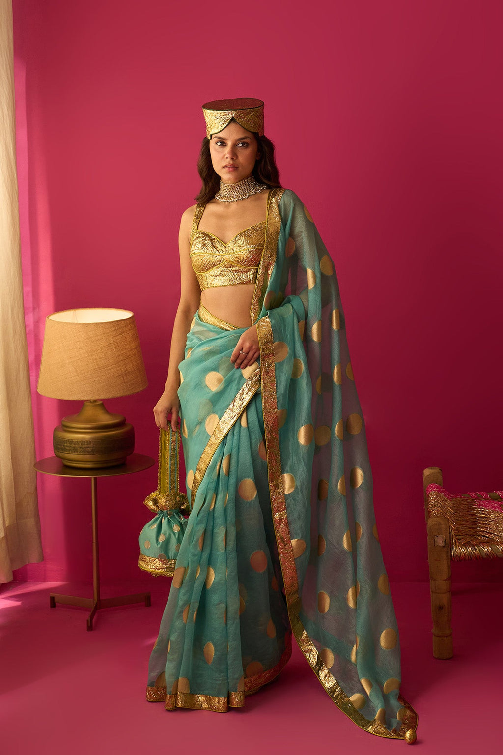 Nur turqouise sari with cholicut sleeveless gota blouse (set of 3) - Ready to ship