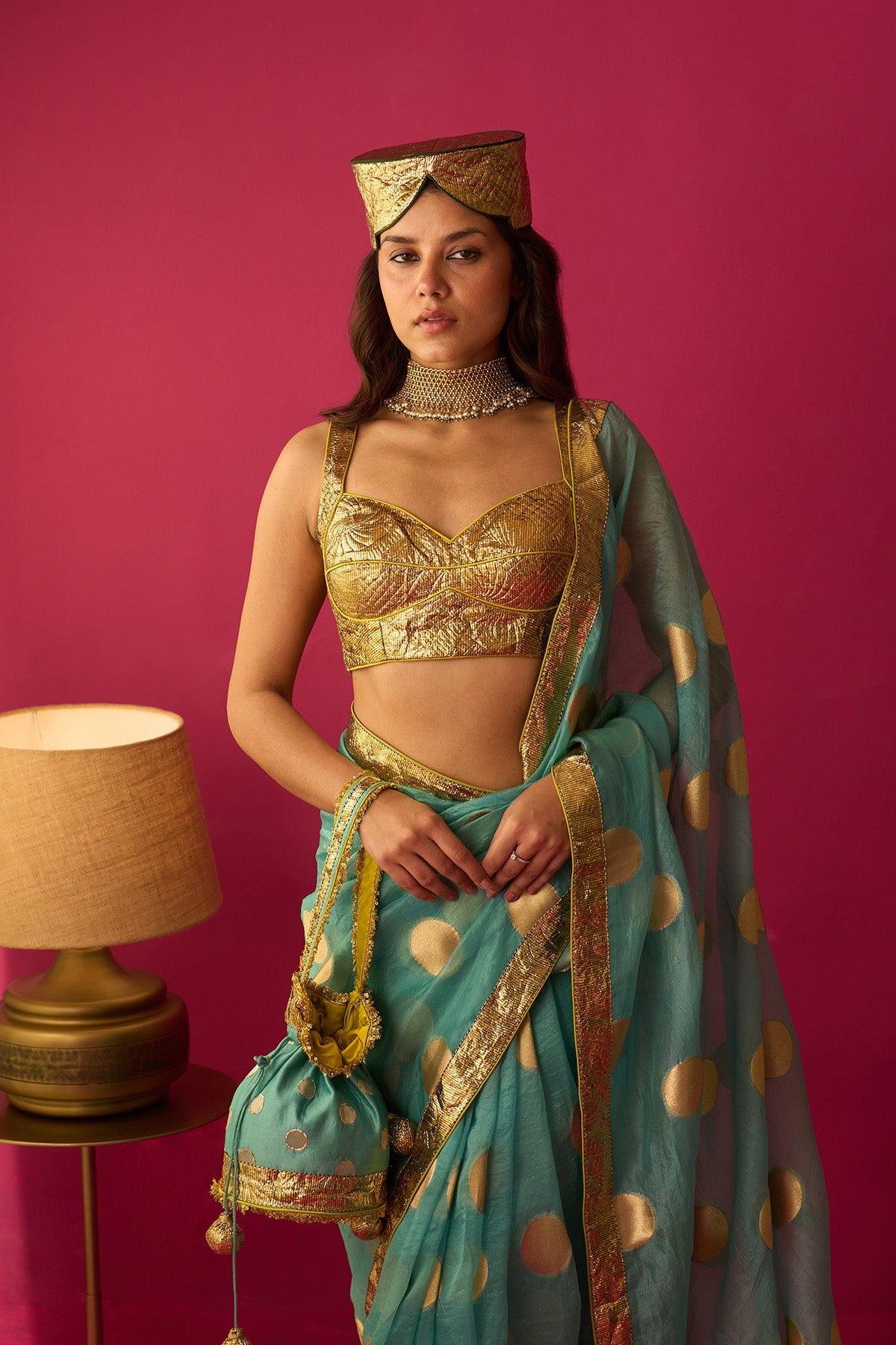 Nur turqouise sari with cholicut sleeveless gota blouse (set of 3) - Ready to ship
