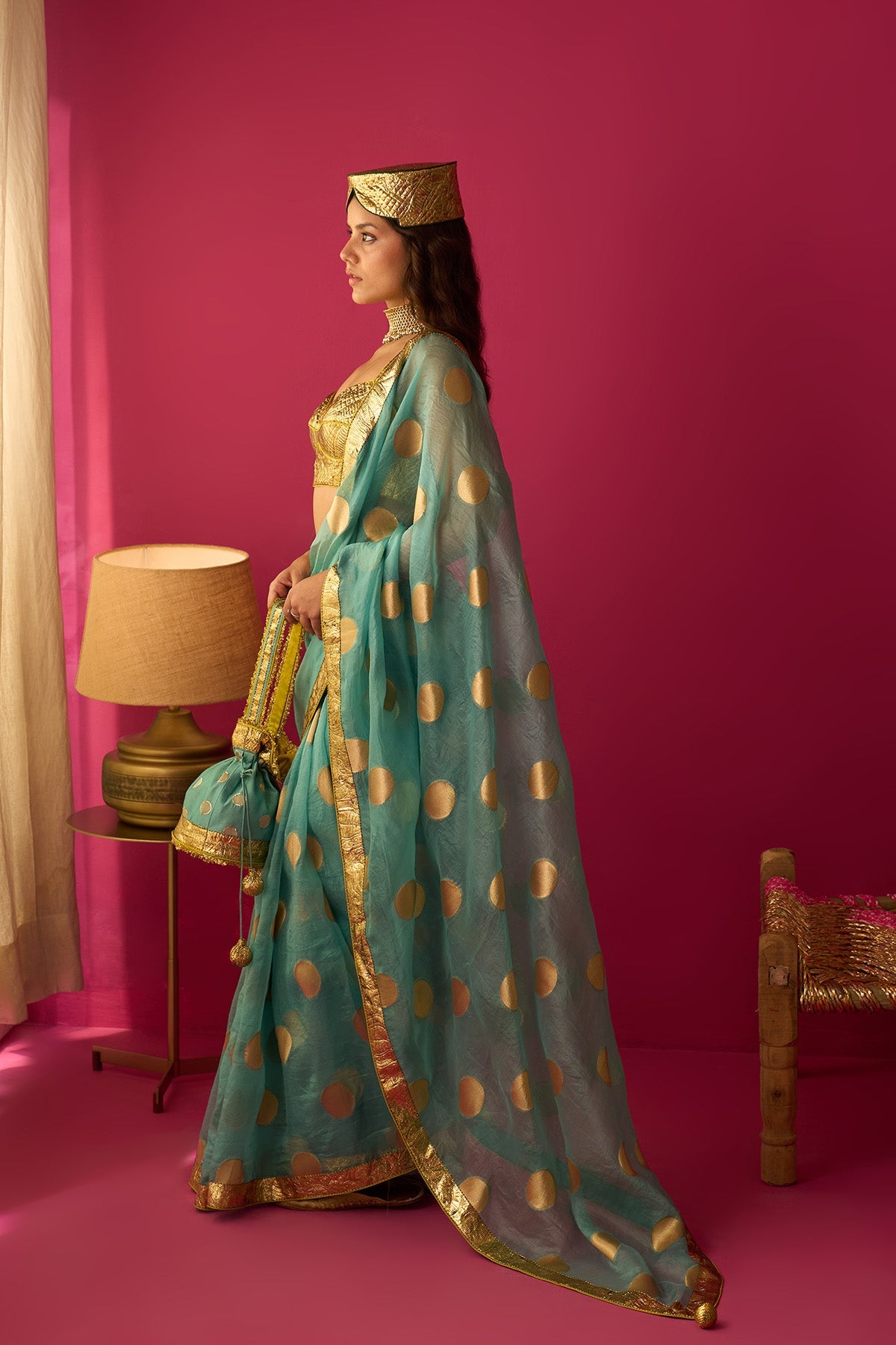Nur turqouise sari with cholicut sleeveless gota blouse (set of 3) - Ready to ship