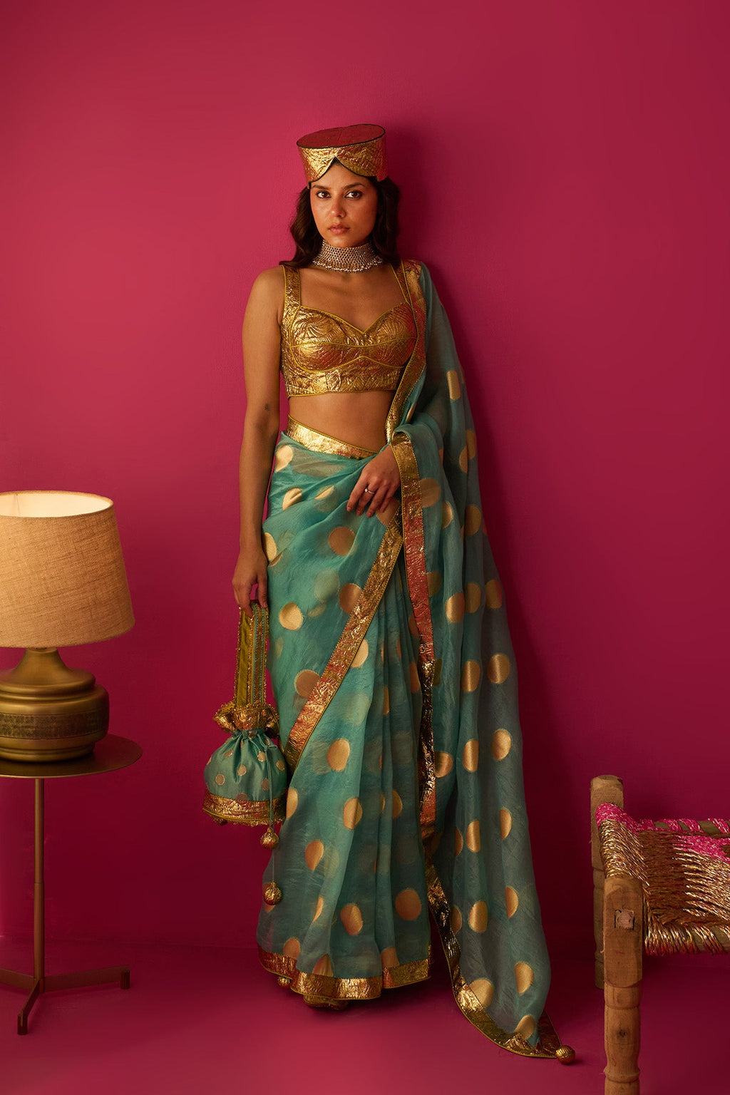 Nur turqouise sari with cholicut sleeveless gota blouse (set of 3) - Ready to ship