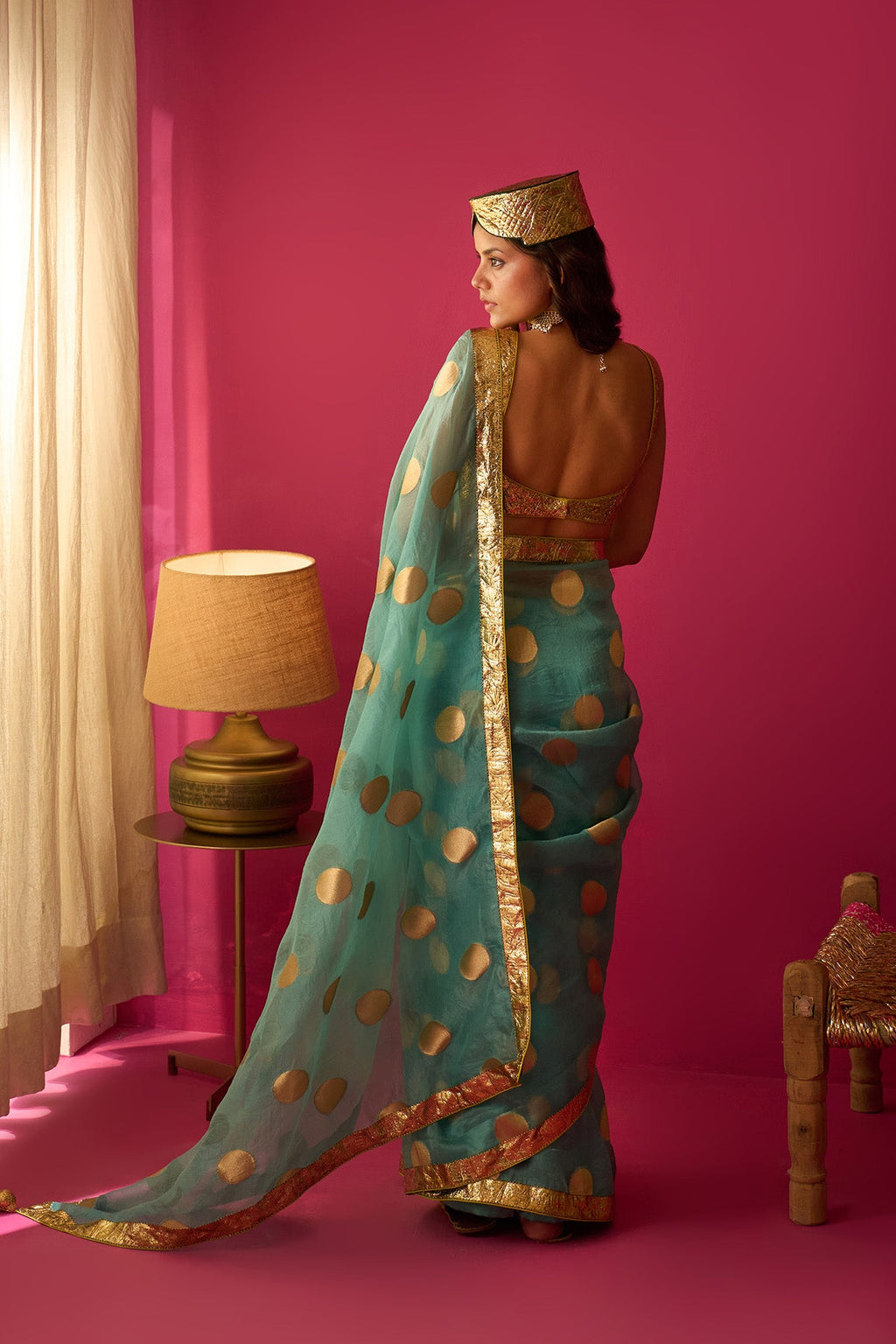 Nur turqouise sari with cholicut sleeveless gota blouse (set of 3) - Ready to ship