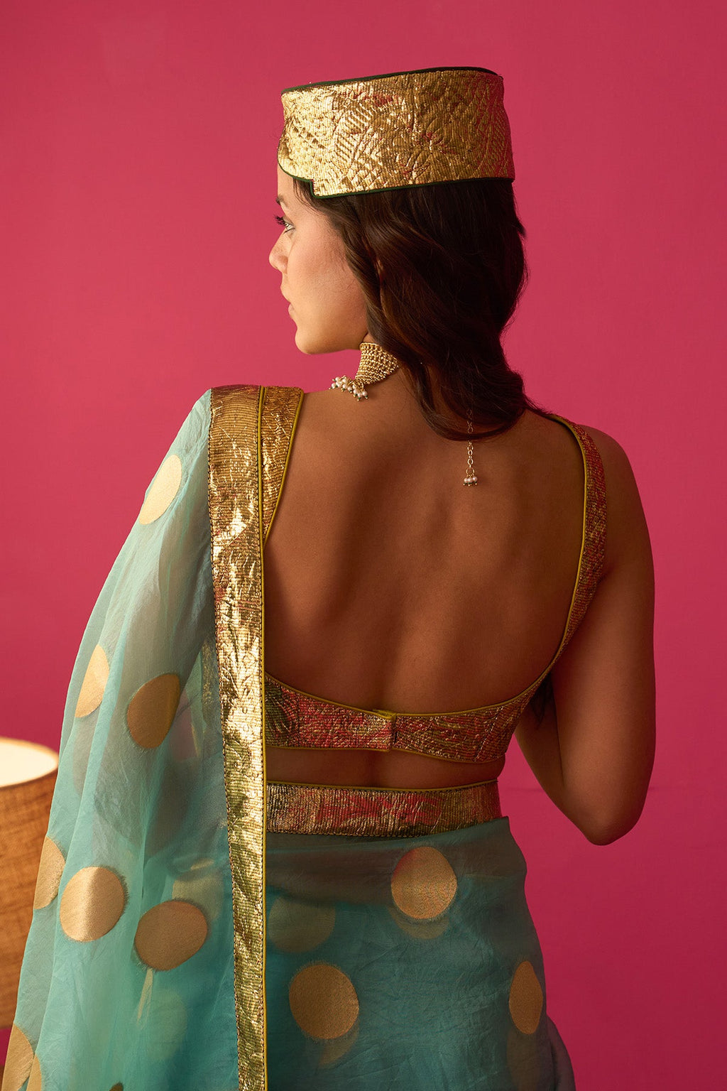 Nur turqouise sari with cholicut sleeveless gota blouse (set of 3) - Ready to ship