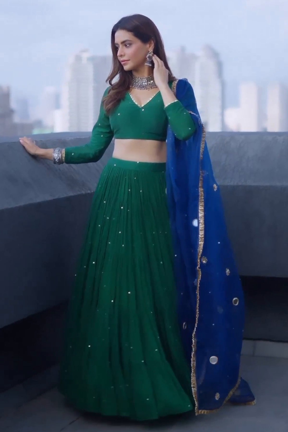 Aamna Shariff in Phillauri Emerald Green Lehenga - Set Of 3 RTS