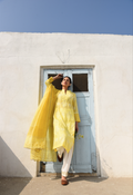 LIME YELLOW COTTON SILK SUIT SET WITH CHANDERI DUPATTA - SET 0F 3