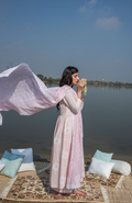 MASAKALI PALE PINK BANDHANI YOKE GATHERED SUIT WITH MUL DUPATTA - SET OF 3 - Ready to ship