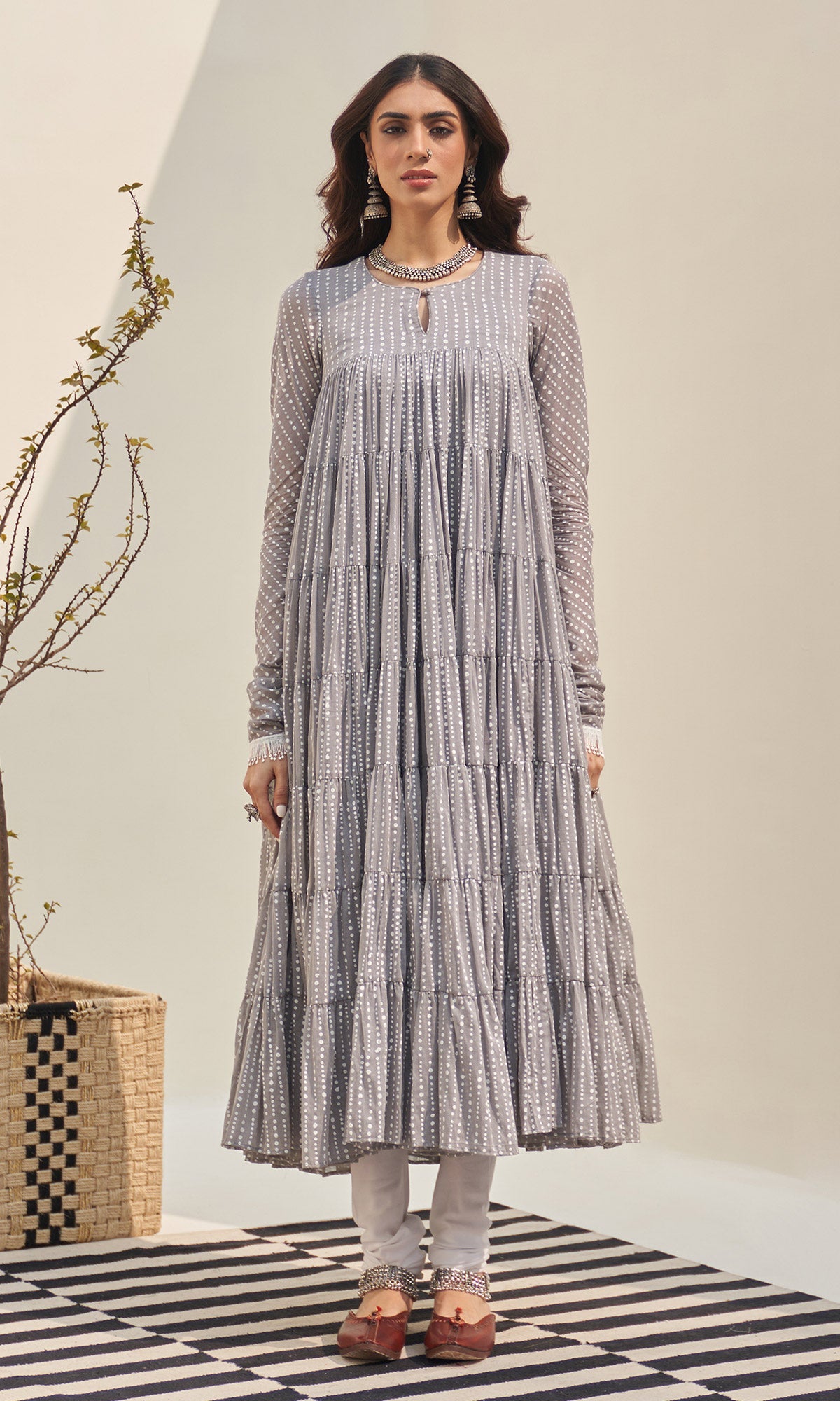 Jannat 2.0 Grey Block Printed Tiered Anarkali Set - Set Of 3 RTS