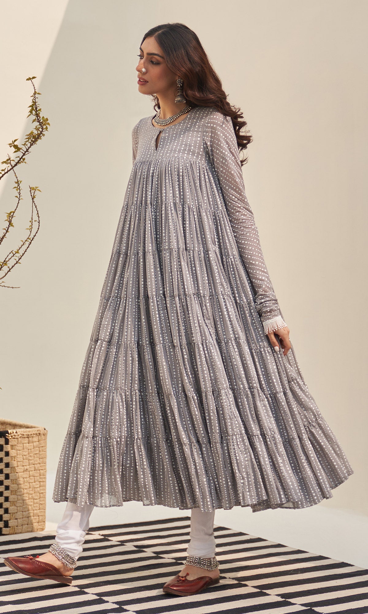 Jannat 2.0 Grey Block Printed Tiered Anarkali Set - Set Of 3 RTS