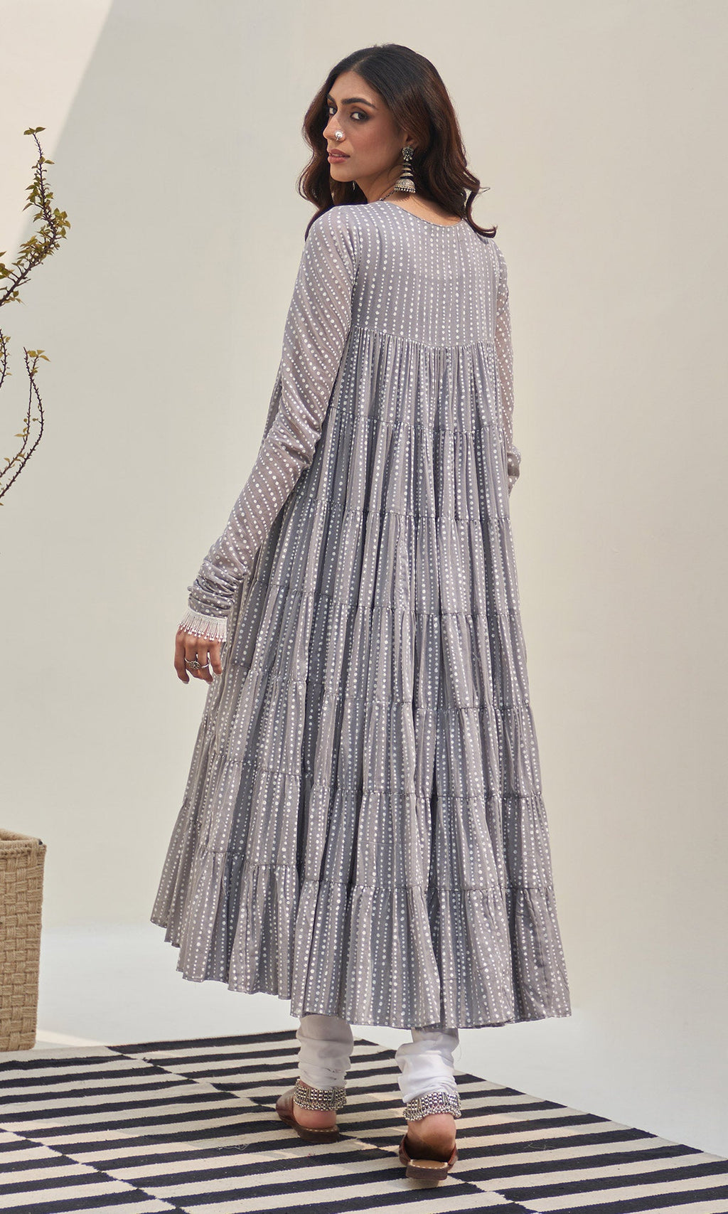 Jannat 2.0 Grey Block Printed Tiered Anarkali Set - Set Of 3 RTS