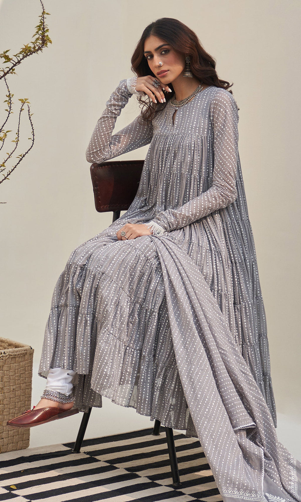 Jannat 2.0 Grey Block Printed Tiered Anarkali Set - Set Of 3 RTS
