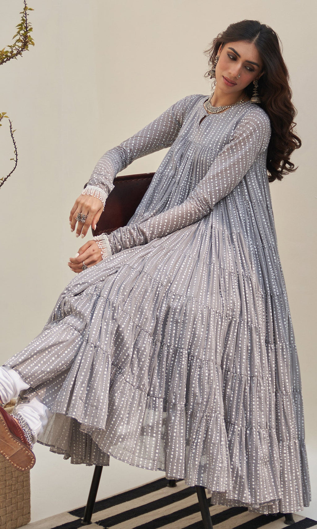 Jannat 2.0 Grey Block Printed Tiered Anarkali Set - Set Of 3 RTS