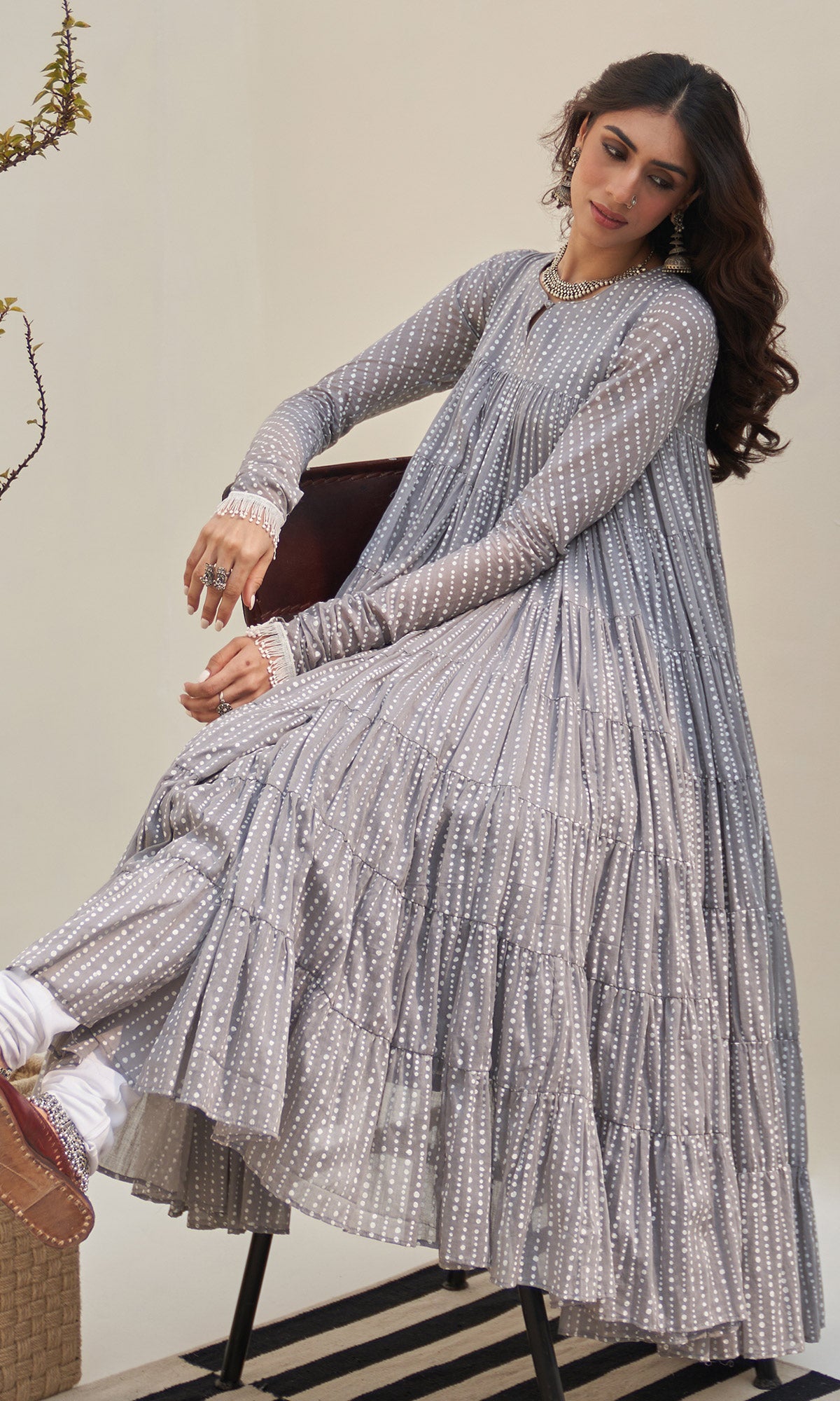 Jannat 2.0 Grey Block Printed Tiered Anarkali Set - Set Of 3 RTS
