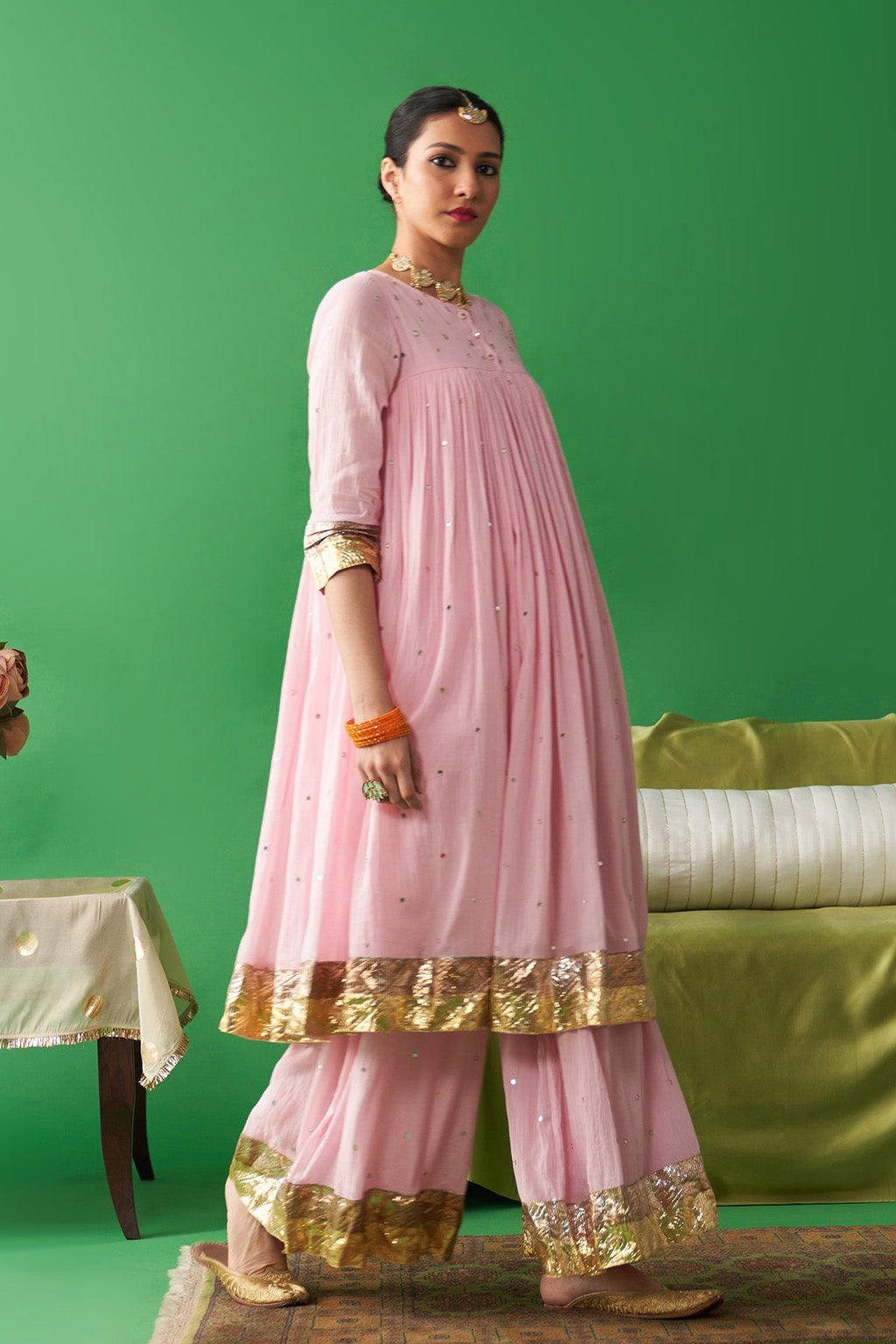 Jhoom soft pink kurta with flared palazzo (set of 2) - Ready to ship
