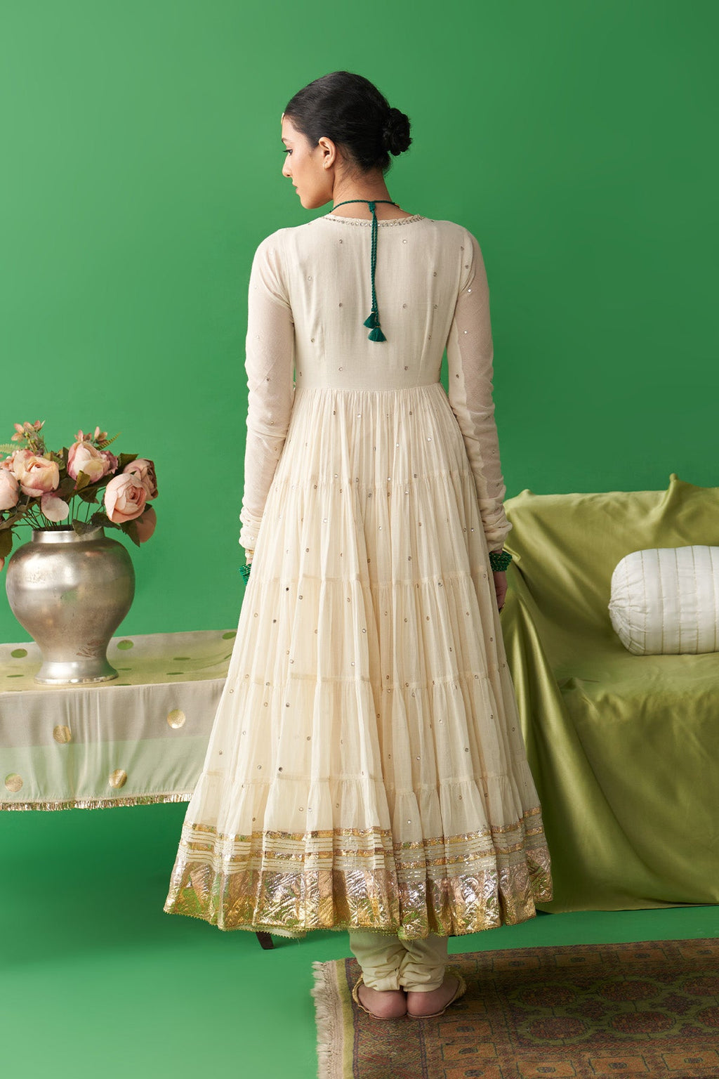 Jhoom ivory hand embroiderd angrakha anarkali with chooridar and foil printed chand dupatta (set of 3) RTS