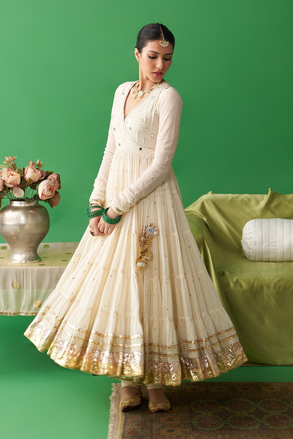 Jhoom ivory hand embroiderd angrakha anarkali with chooridar and foil printed chand dupatta (set of 3) RTS