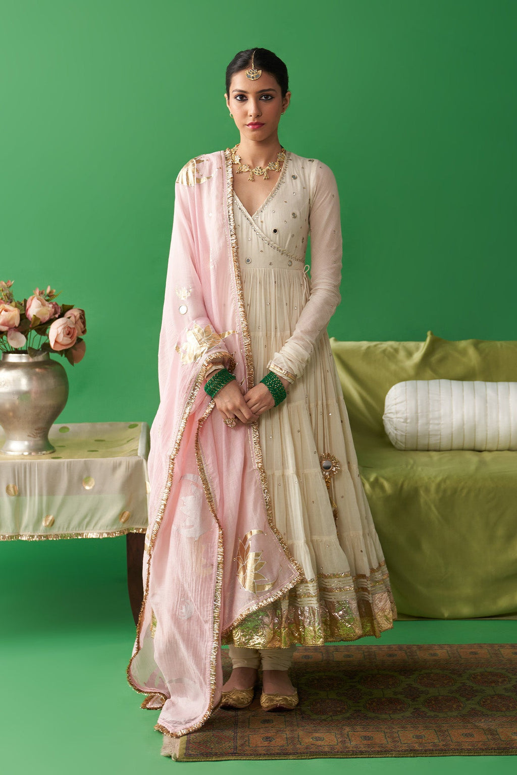 Jhoom ivory hand embroiderd angrakha anarkali with chooridar and foil printed chand dupatta (set of 3) RTS