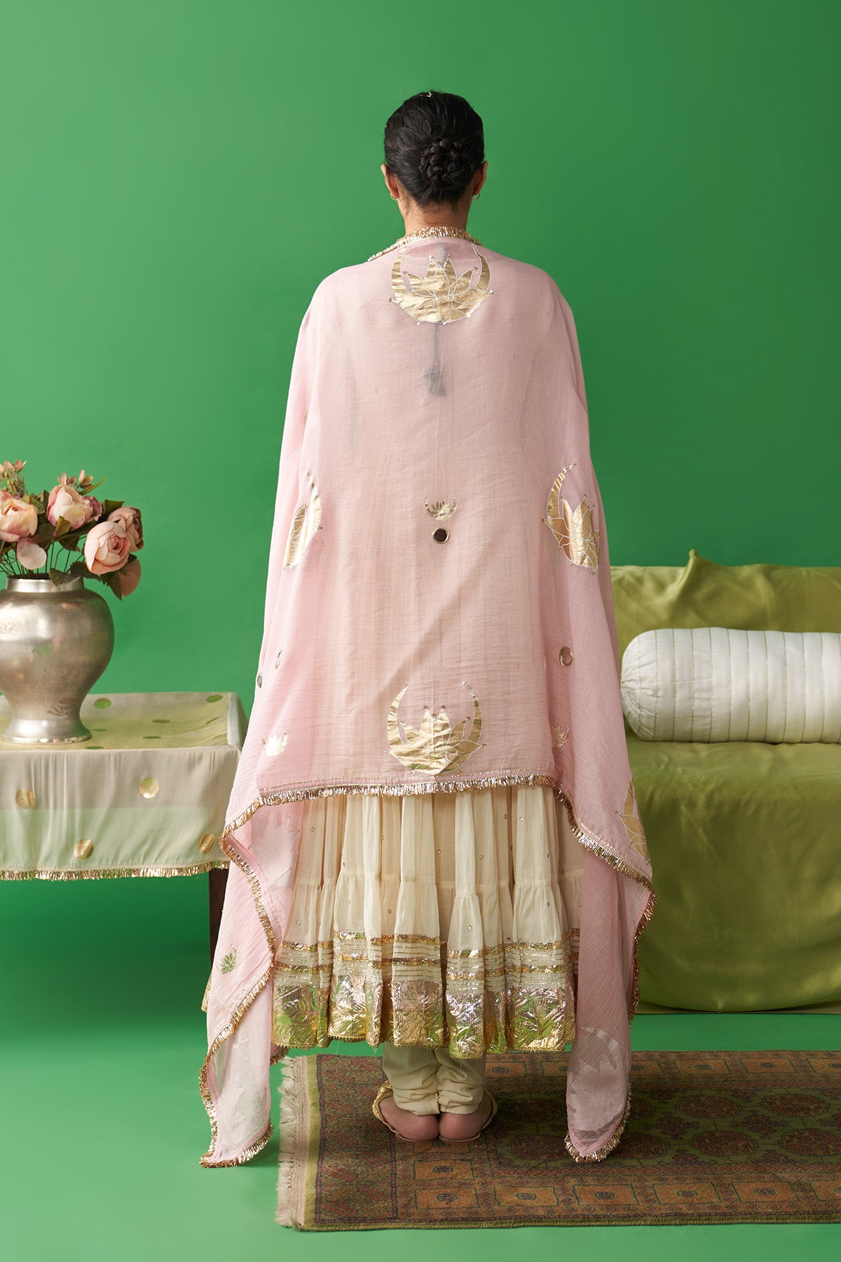 Jhoom ivory hand embroiderd angrakha anarkali with chooridar and foil printed chand dupatta (set of 3) RTS