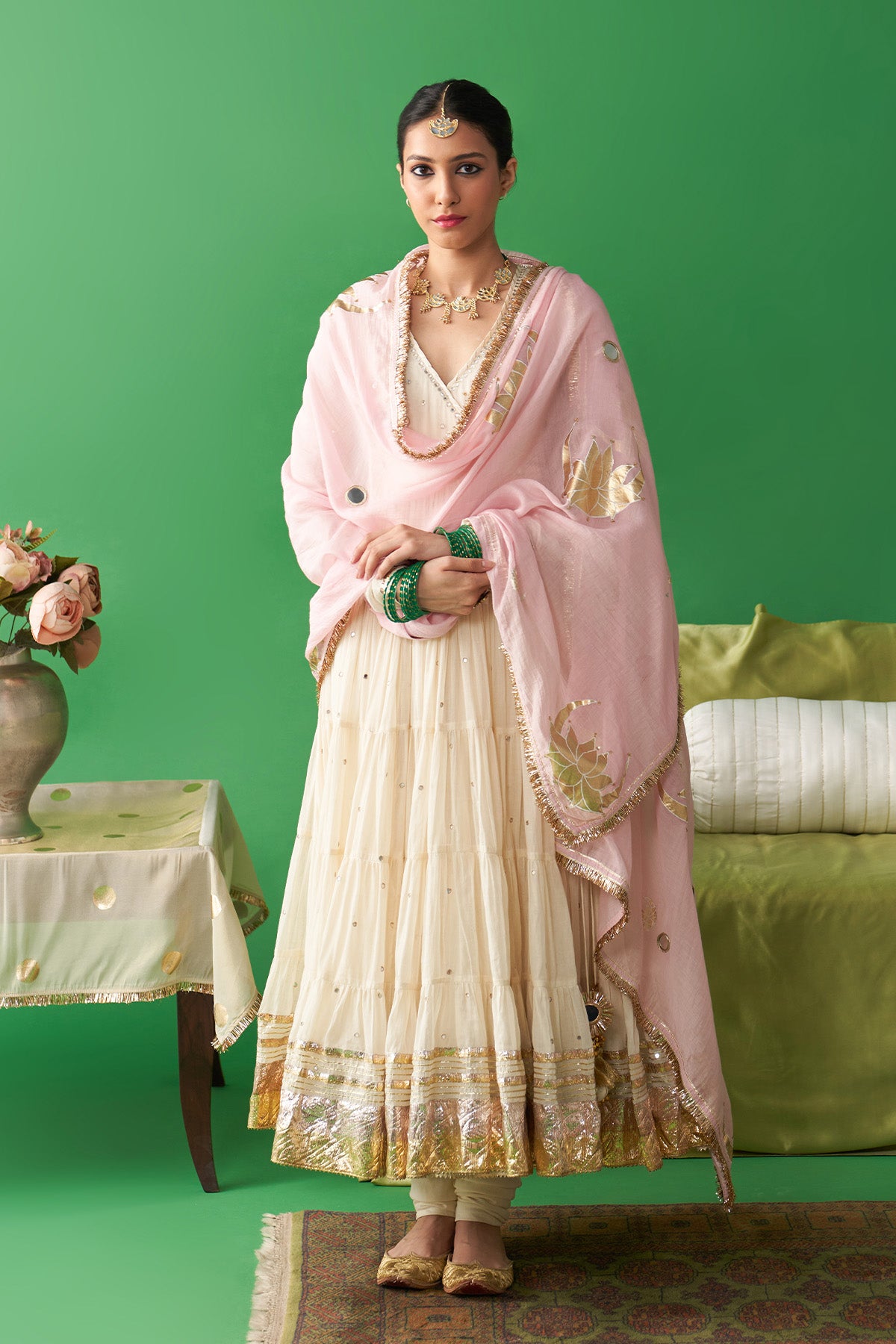 Jhoom ivory hand embroiderd angrakha anarkali with chooridar and foil printed chand dupatta (set of 3) RTS