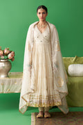 Jhoom ivory hand embroiderd angrakha anarkali with chooridar and foil printed chand dupatta (set of 3) RTS