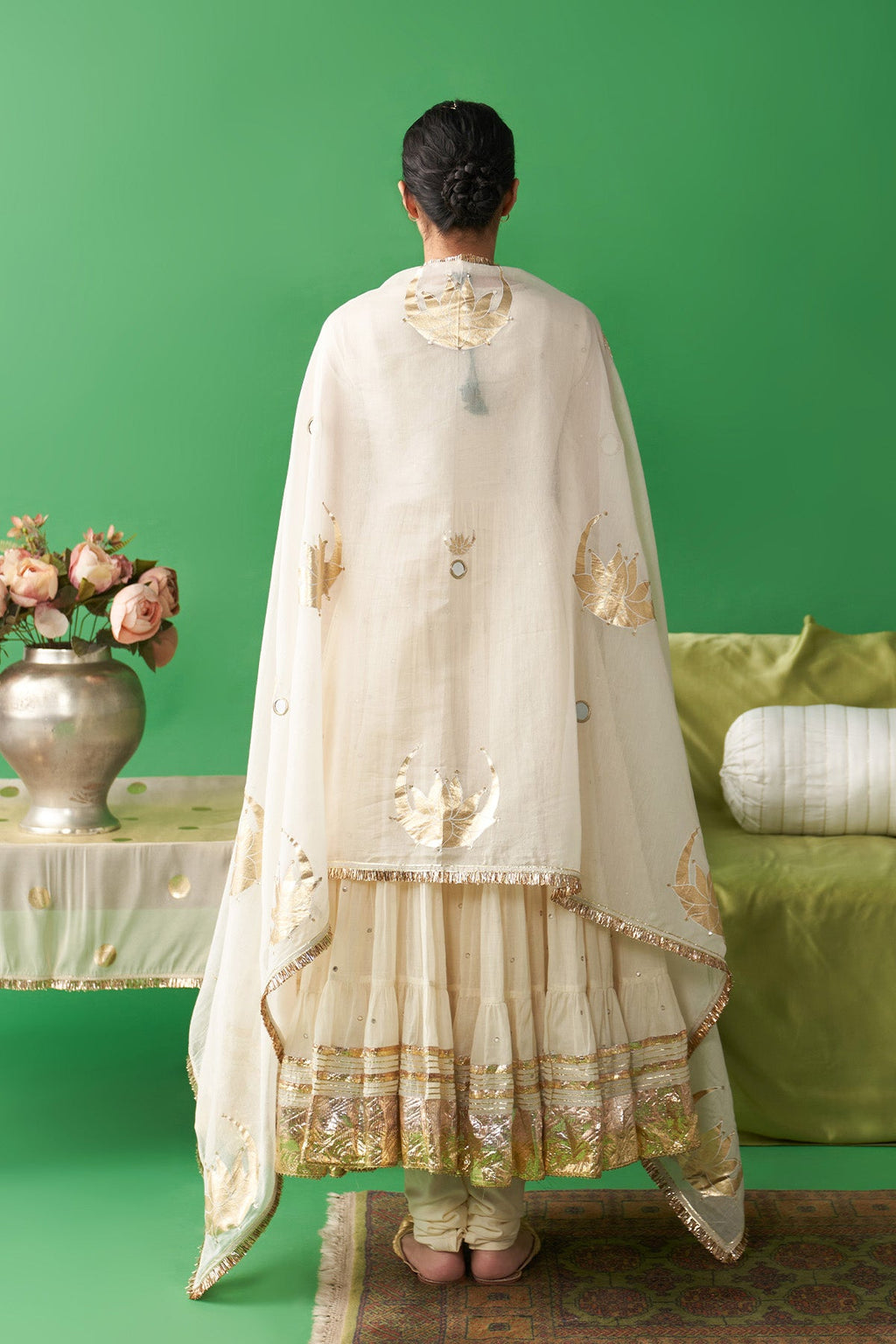 Jhoom ivory hand embroiderd angrakha anarkali with chooridar and foil printed chand dupatta (set of 3) RTS