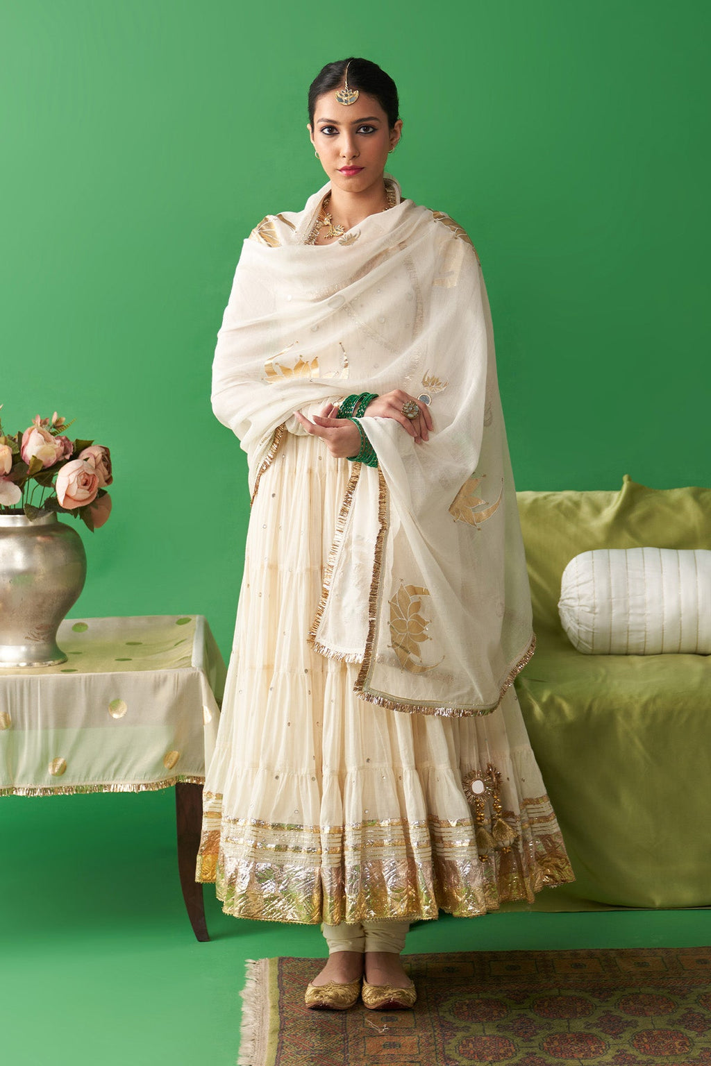 Jhoom ivory hand embroiderd angrakha anarkali with chooridar and foil printed chand dupatta (set of 3) RTS