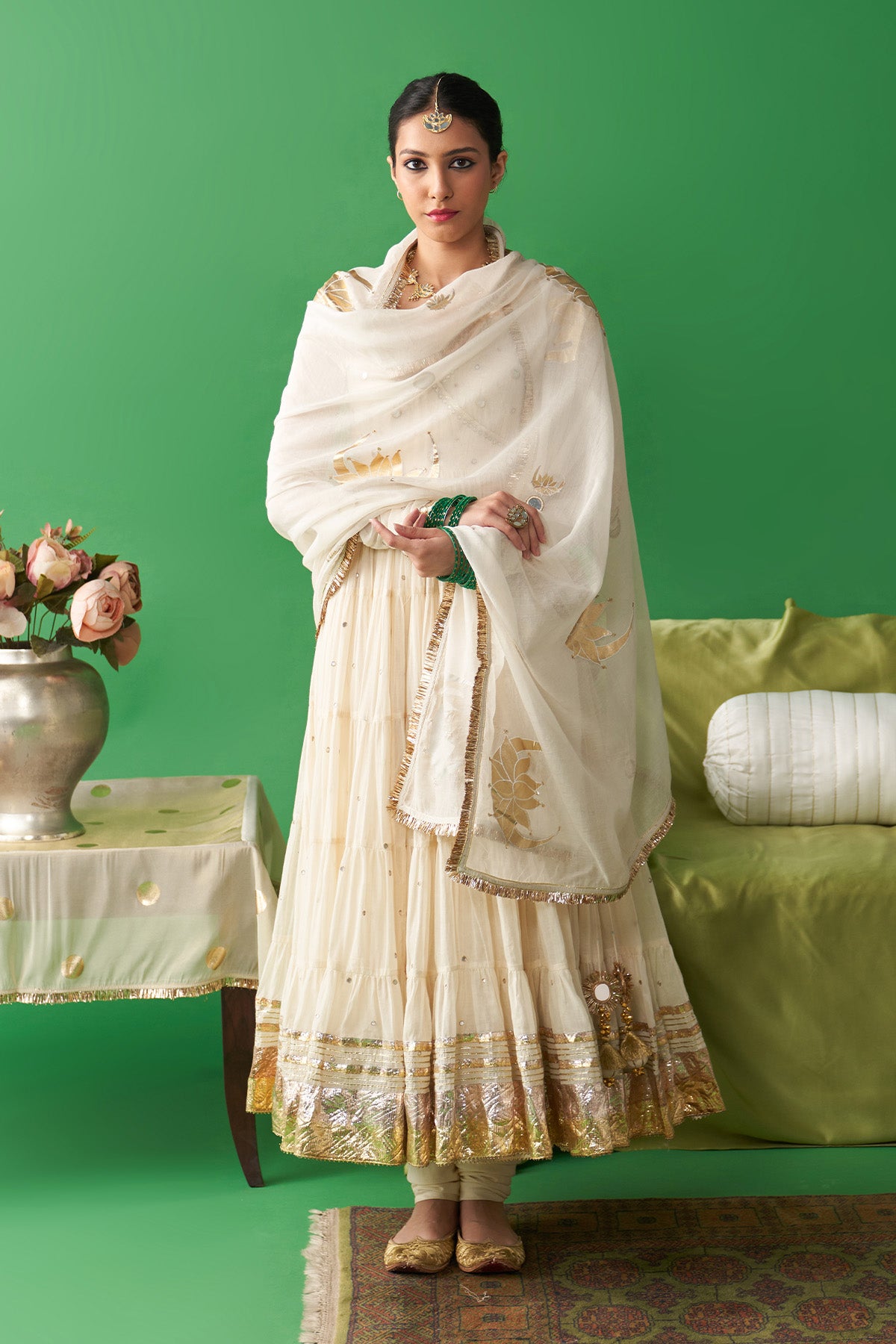 Jhoom ivory hand embroiderd angrakha anarkali with chooridar and foil printed chand dupatta (set of 3) RTS