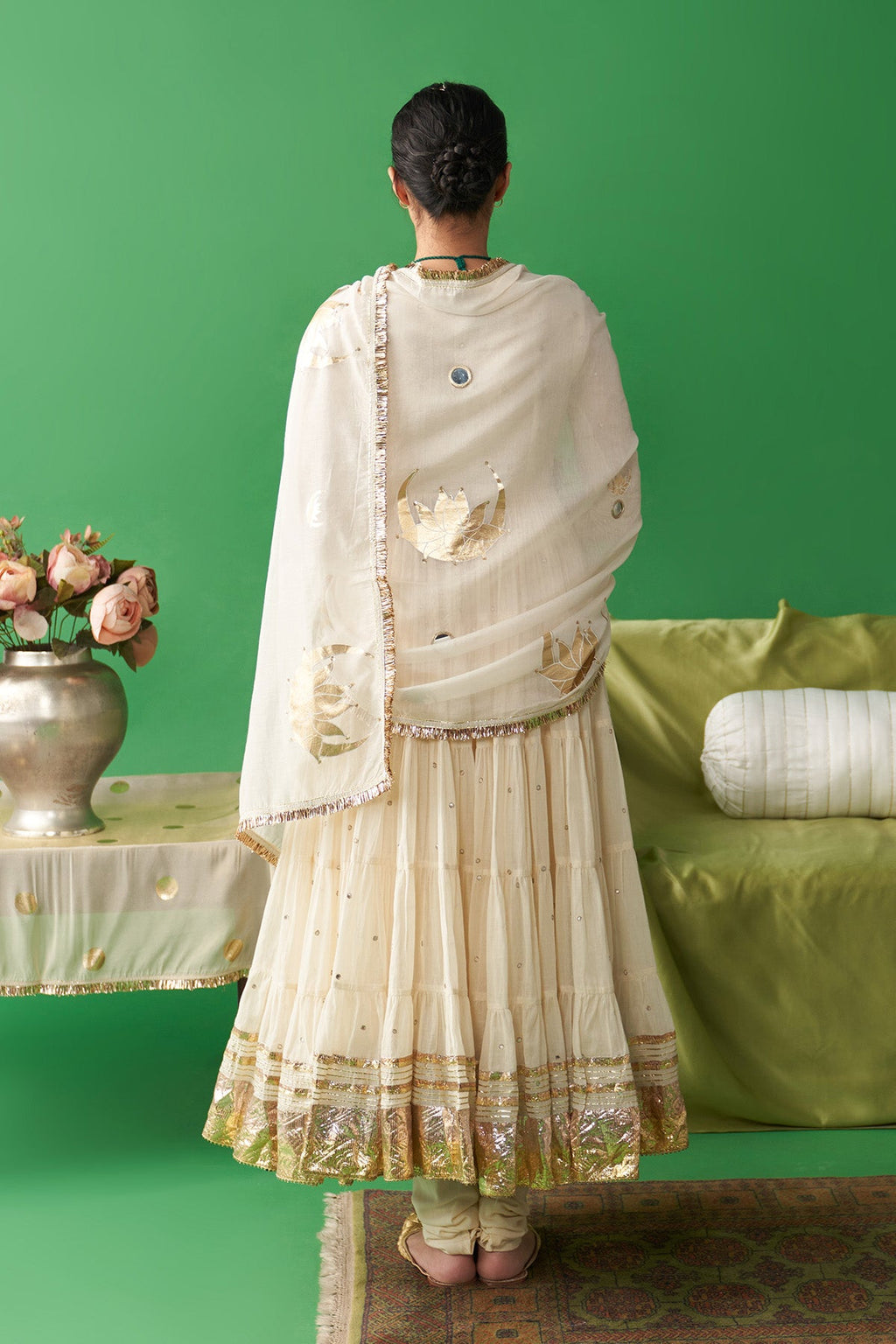 Jhoom ivory hand embroiderd angrakha anarkali with chooridar and foil printed chand dupatta (set of 3) RTS