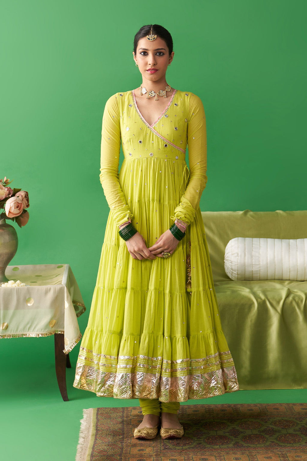 Jhoom neon green Hand embroiderd angrakha anarkali with chooridar and foil printed chand dupatta (set of 3) RTS