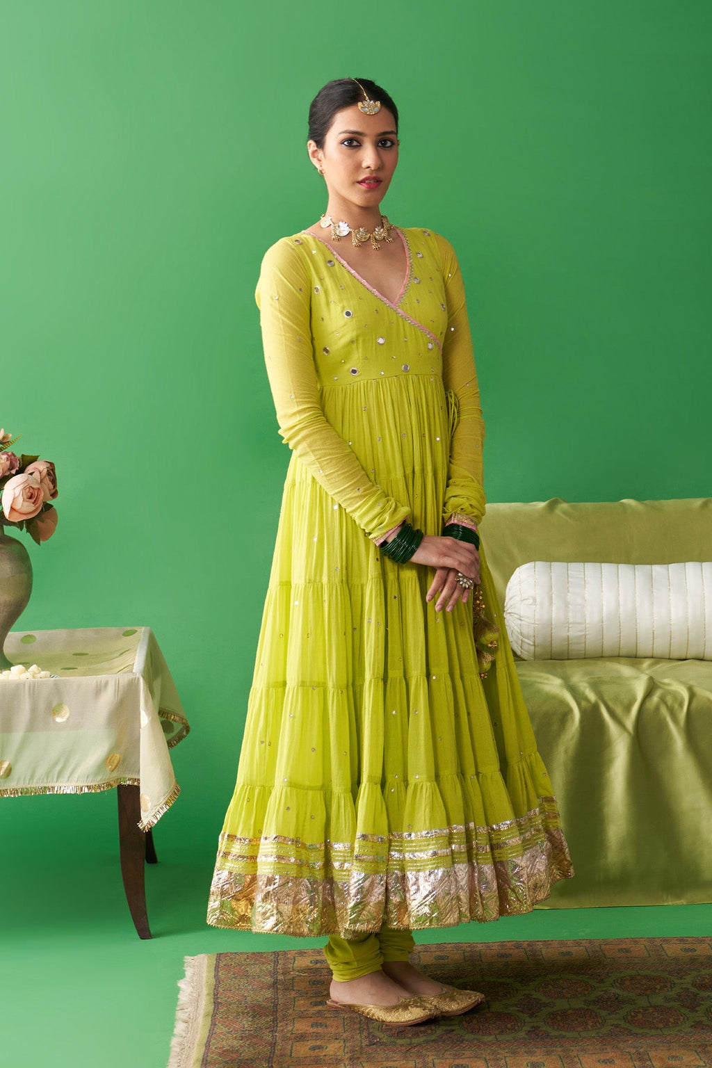 Jhoom neon green Hand embroiderd angrakha anarkali with chooridar and foil printed chand dupatta (set of 3) RTS