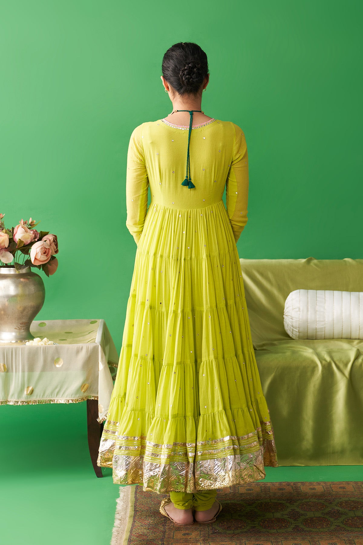Jhoom neon green Hand embroiderd angrakha anarkali with chooridar and foil printed chand dupatta (set of 3) RTS