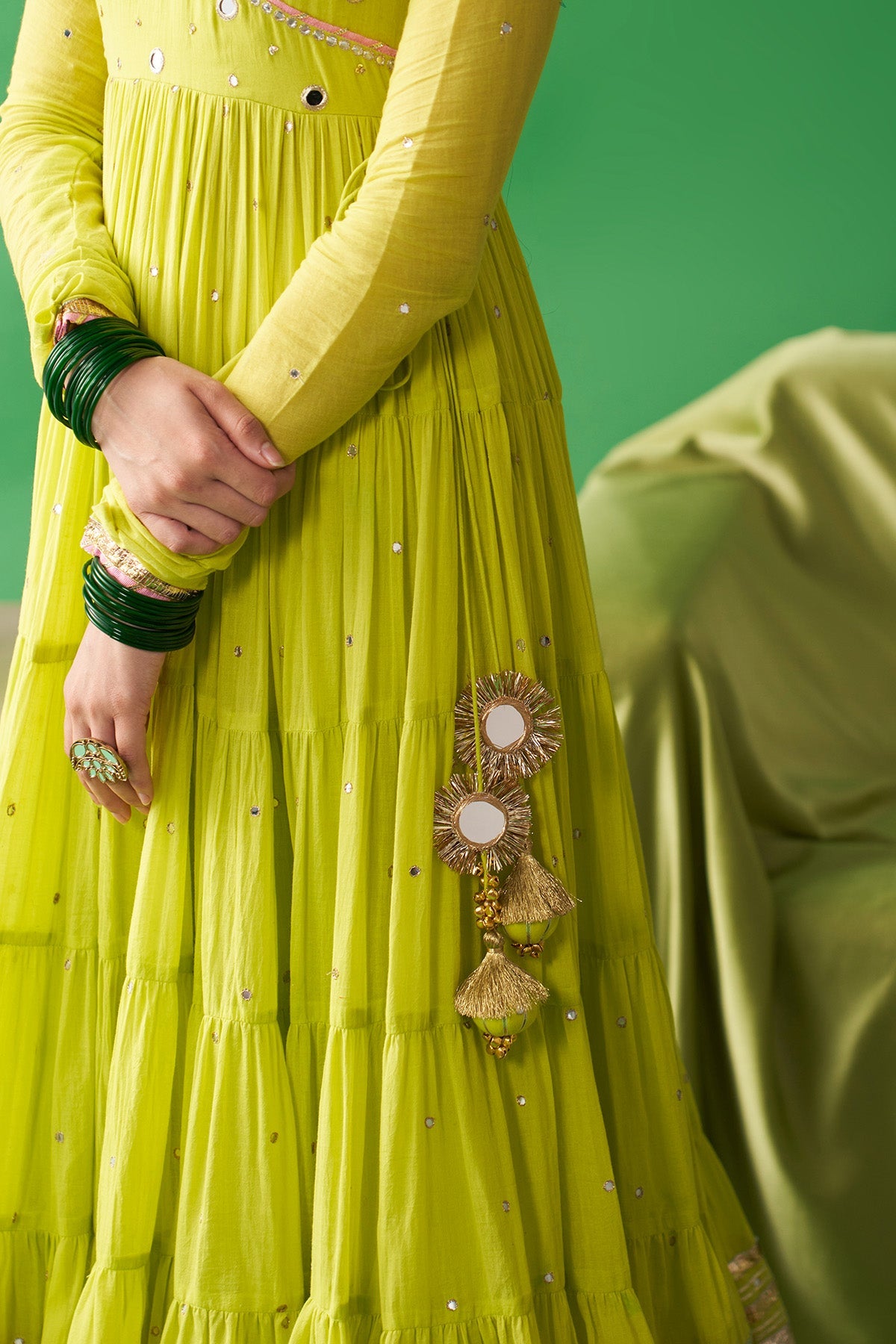 Jhoom neon green Hand embroiderd angrakha anarkali with chooridar and foil printed chand dupatta (set of 3) RTS
