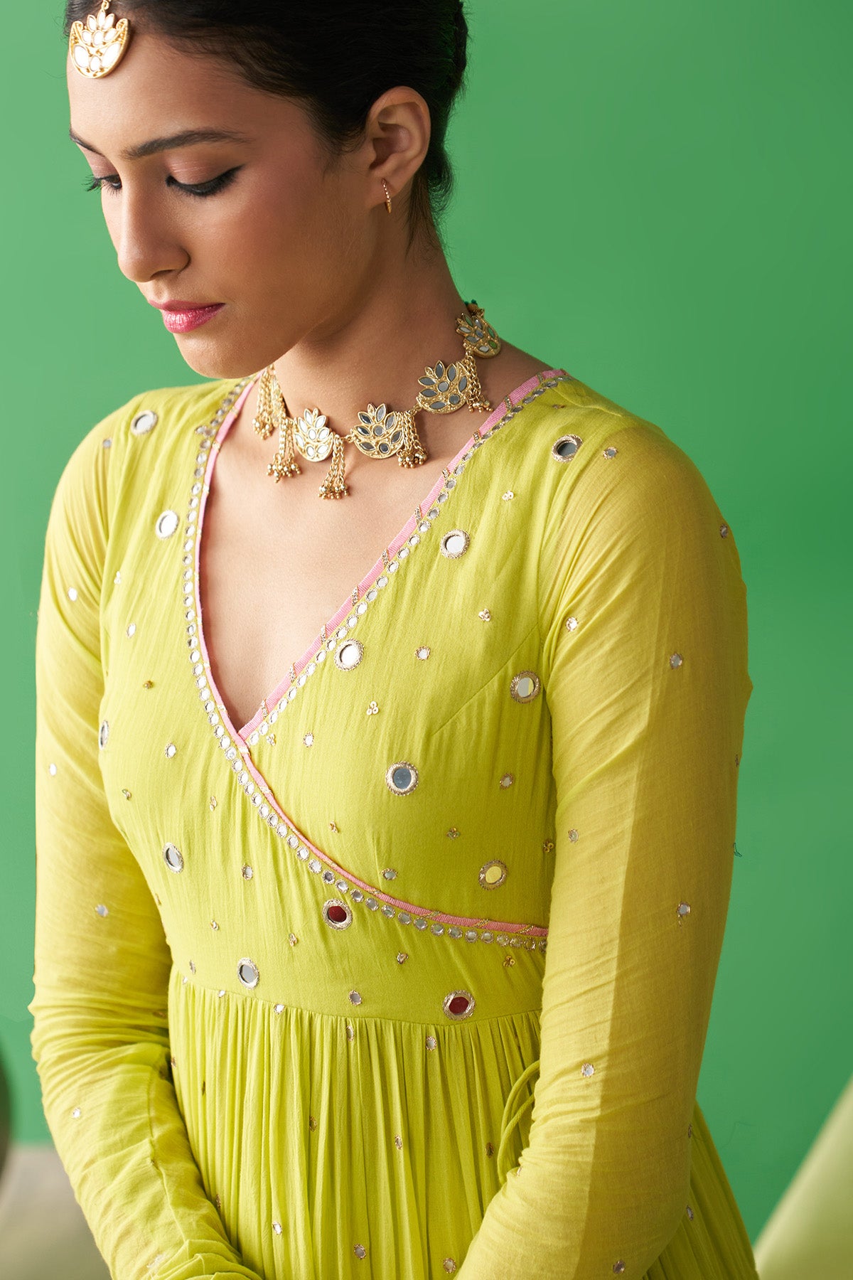 Jhoom neon green Hand embroiderd angrakha anarkali with chooridar and foil printed chand dupatta (set of 3) RTS
