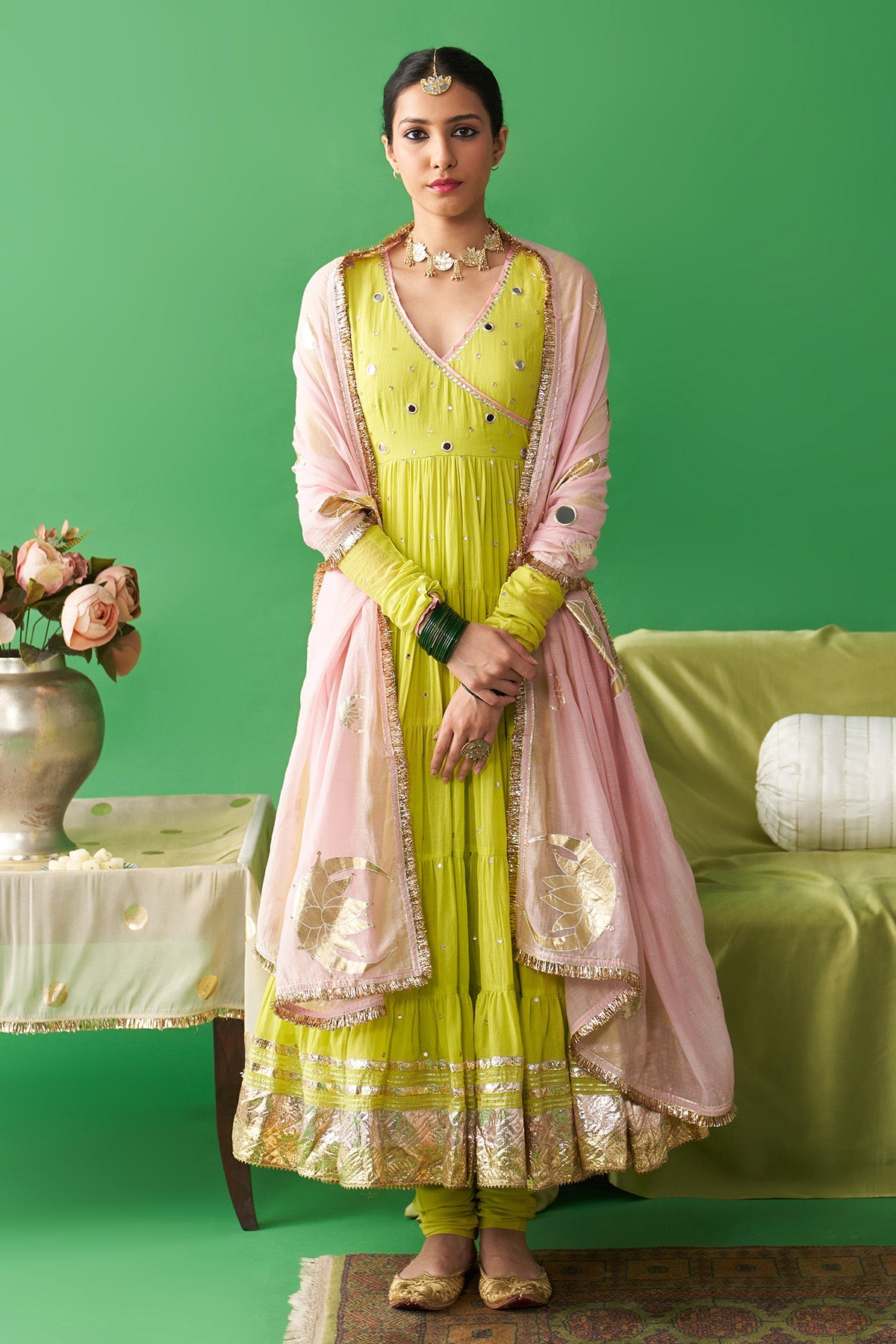 Jhoom neon green Hand embroiderd angrakha anarkali with chooridar and foil printed chand dupatta (set of 3) RTS