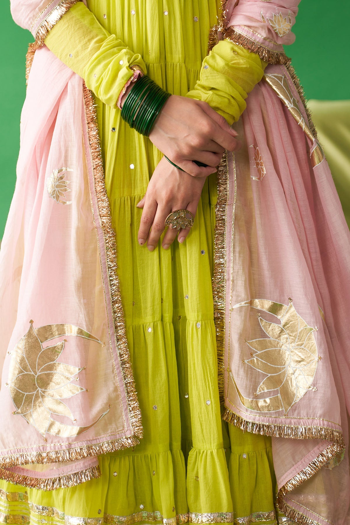 Jhoom neon green Hand embroiderd angrakha anarkali with chooridar and foil printed chand dupatta (set of 3) RTS