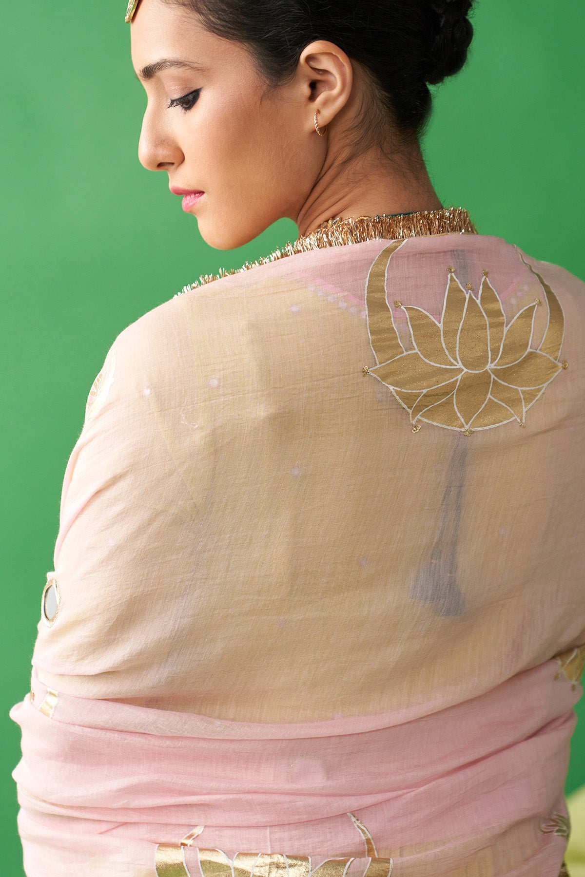 Jhoom neon green Hand embroiderd angrakha anarkali with chooridar and foil printed chand dupatta (set of 3) RTS
