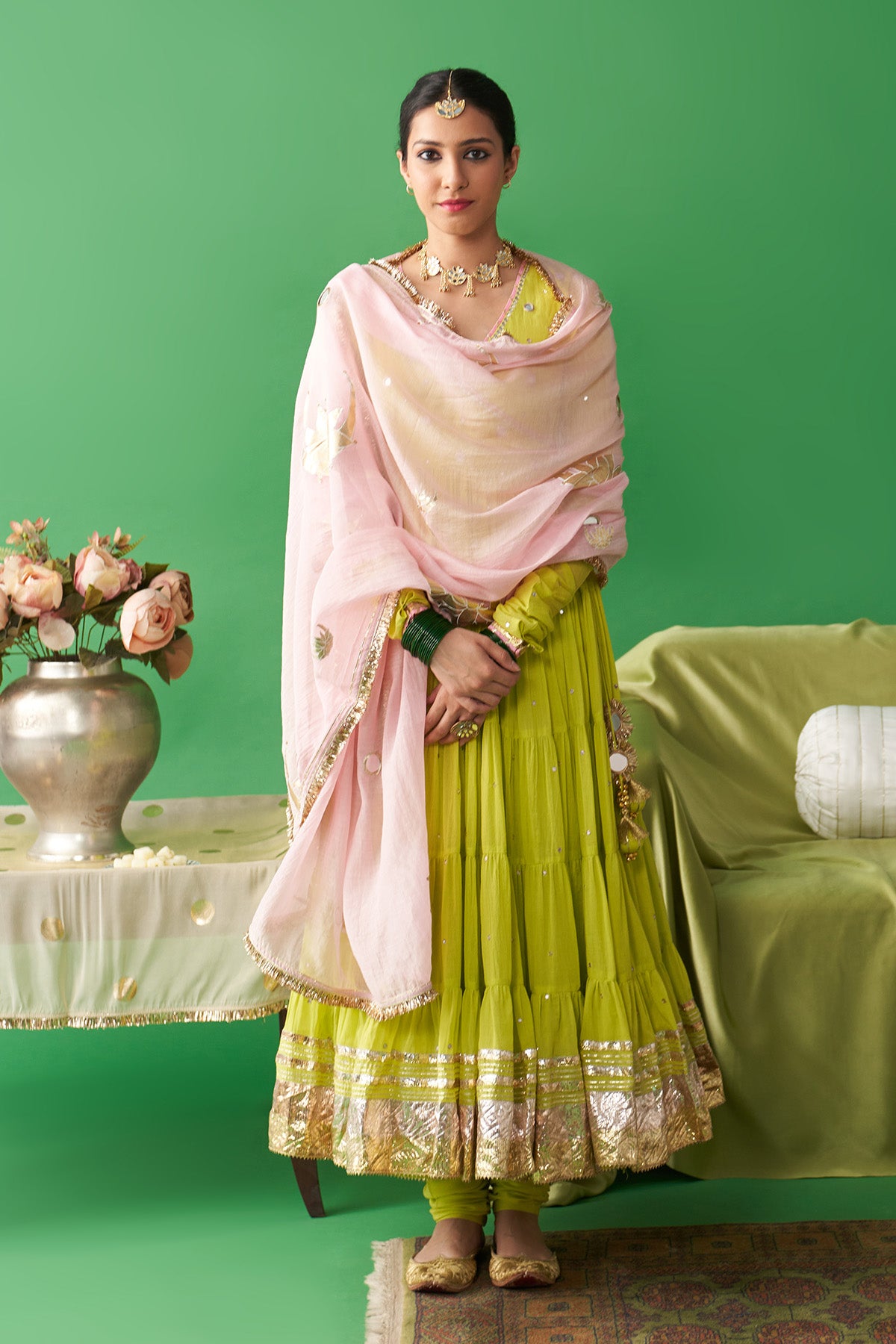 Jhoom neon green Hand embroiderd angrakha anarkali with chooridar and foil printed chand dupatta (set of 3) RTS