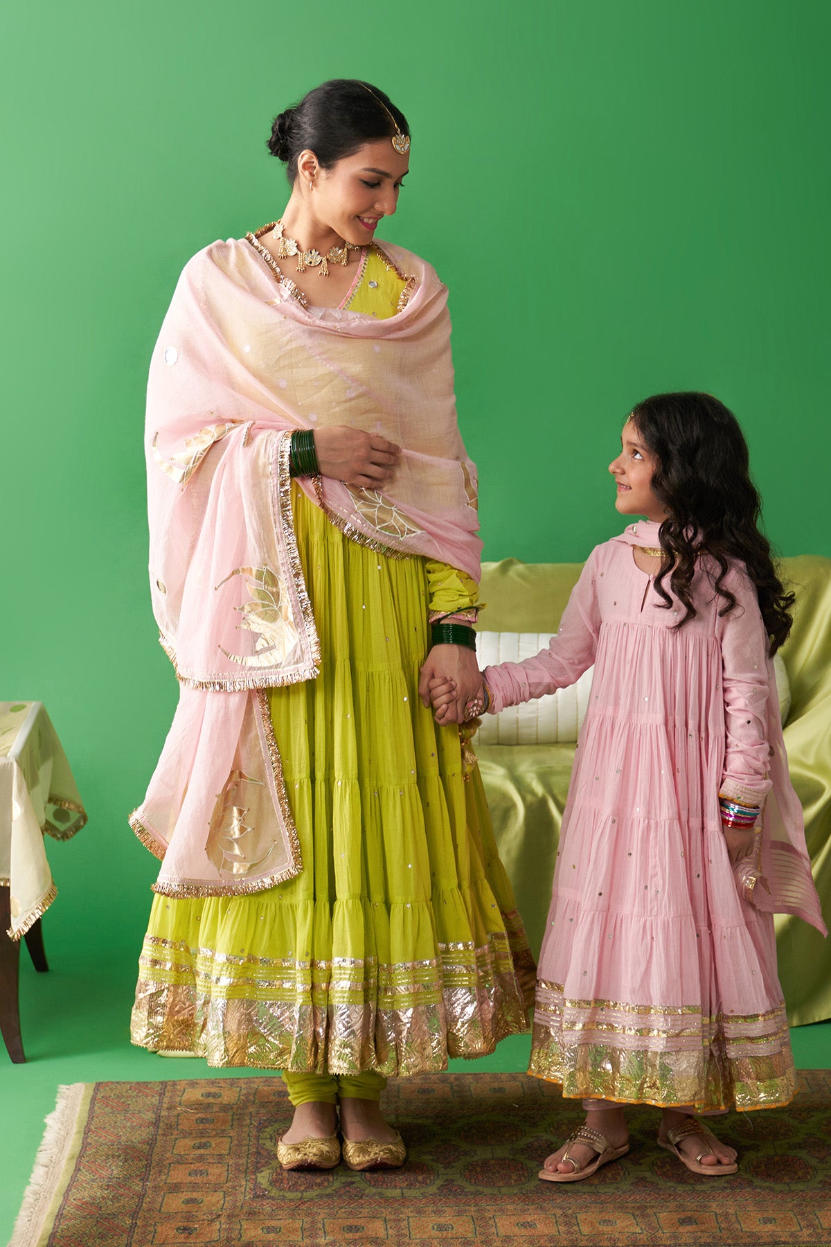 Jhoom neon green Hand embroiderd angrakha anarkali with chooridar and foil printed chand dupatta (set of 3) RTS