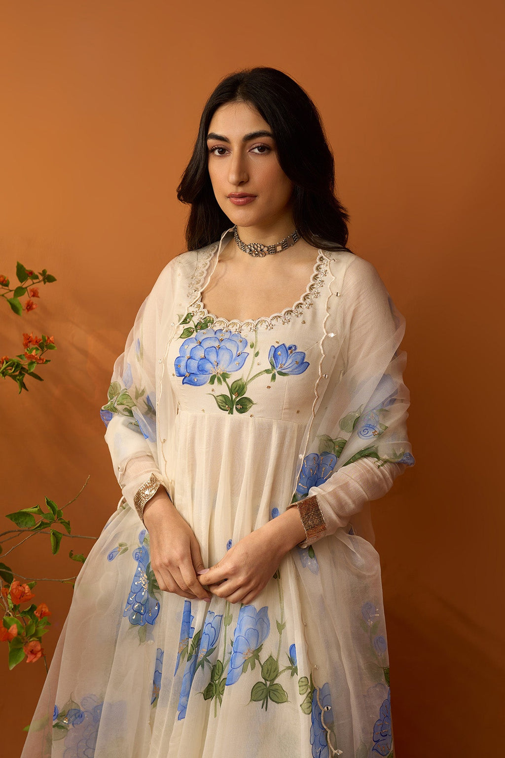 Sirat blue Hand painted anarkali with sharara and dupatta ( set of 3 ) RTS