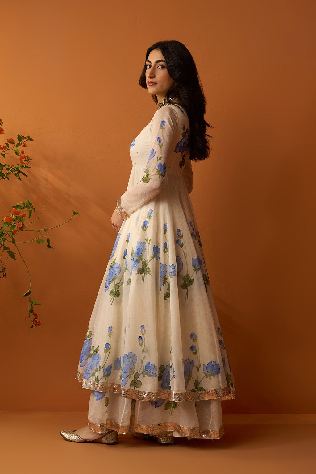 Sirat blue Hand painted anarkali with sharara and dupatta ( set of 3 ) RTS