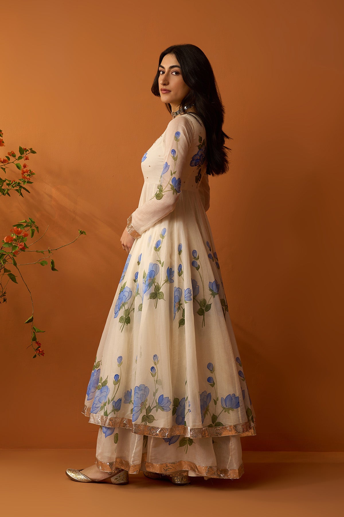 Sirat blue Hand painted anarkali with sharara and dupatta ( set of 3 ) RTS