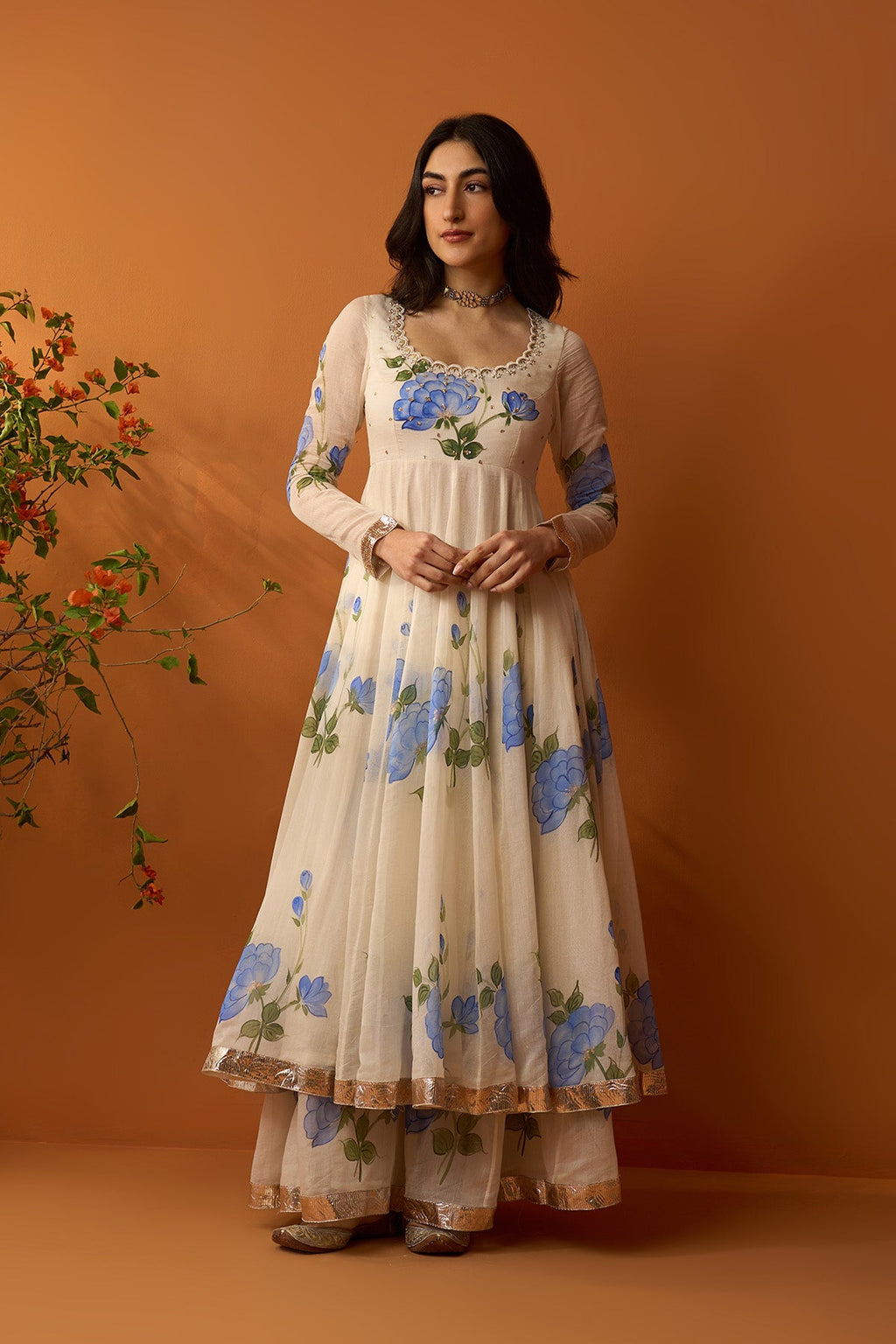 Sirat blue Hand painted anarkali with sharara and dupatta ( set of 3 ) RTS