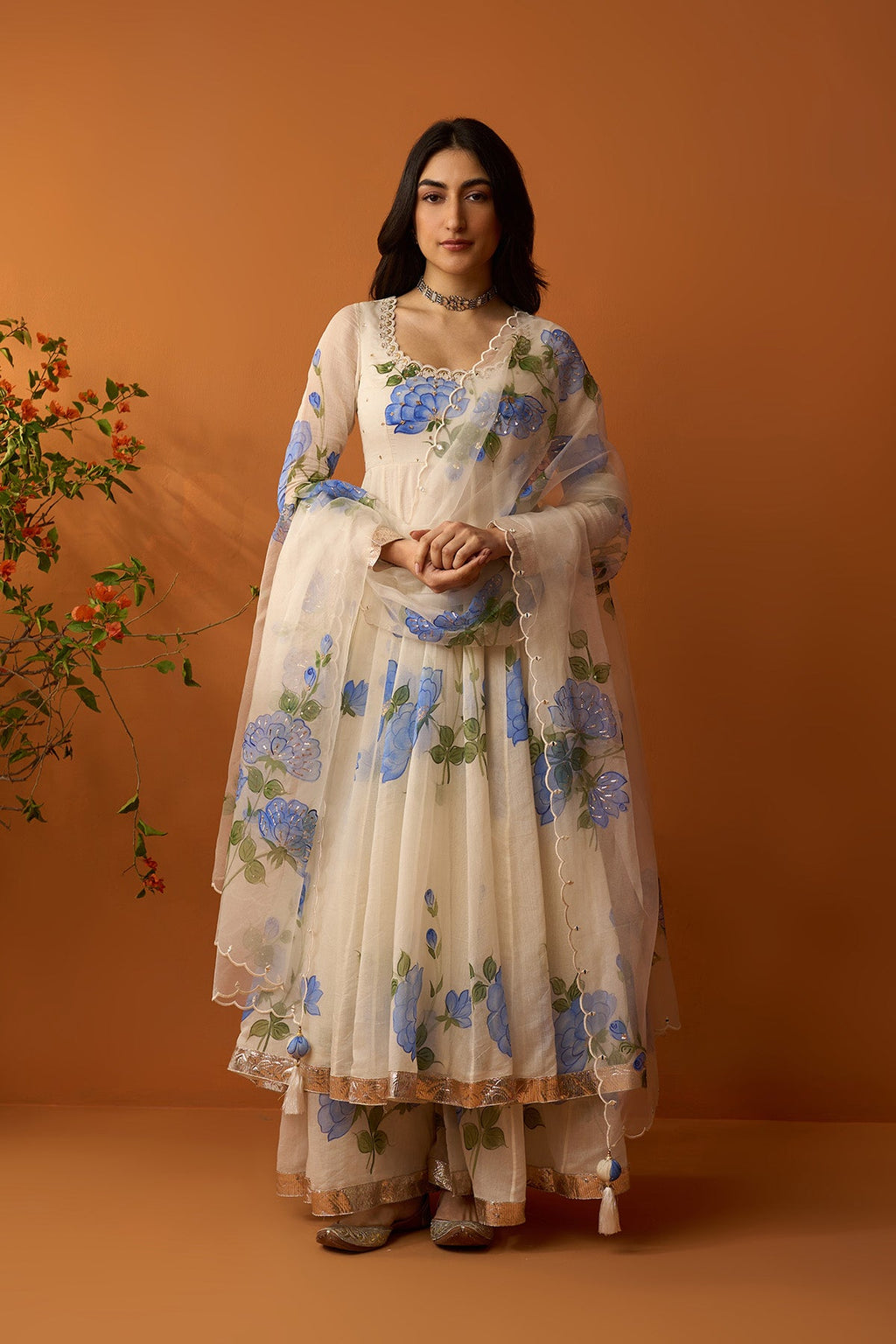 Sirat blue Hand painted anarkali with sharara and dupatta ( set of 3 ) RTS