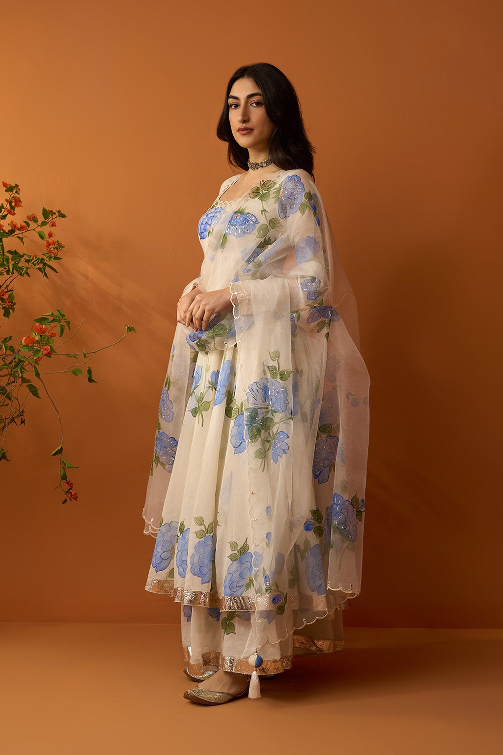 Sirat blue Hand painted anarkali with sharara and dupatta ( set of 3 ) RTS