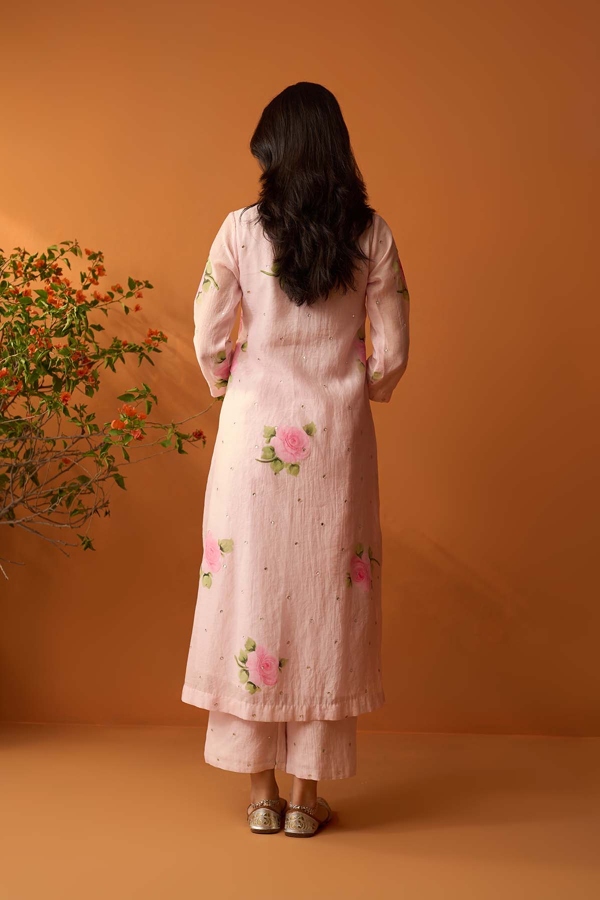 Sirat soft pink Hand painted pintuck kurta with palazzo and dupatta ( set of 3 ) - RTS