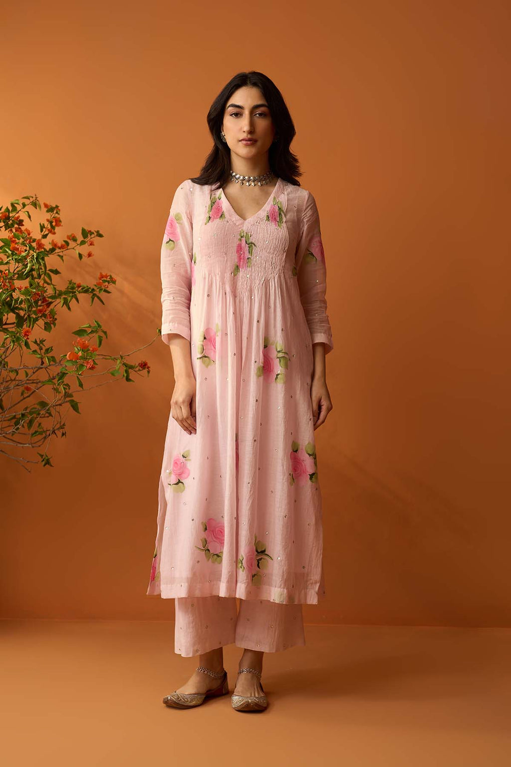 Sirat soft pink Hand painted pintuck kurta with palazzo and dupatta ( set of 3 ) - RTS