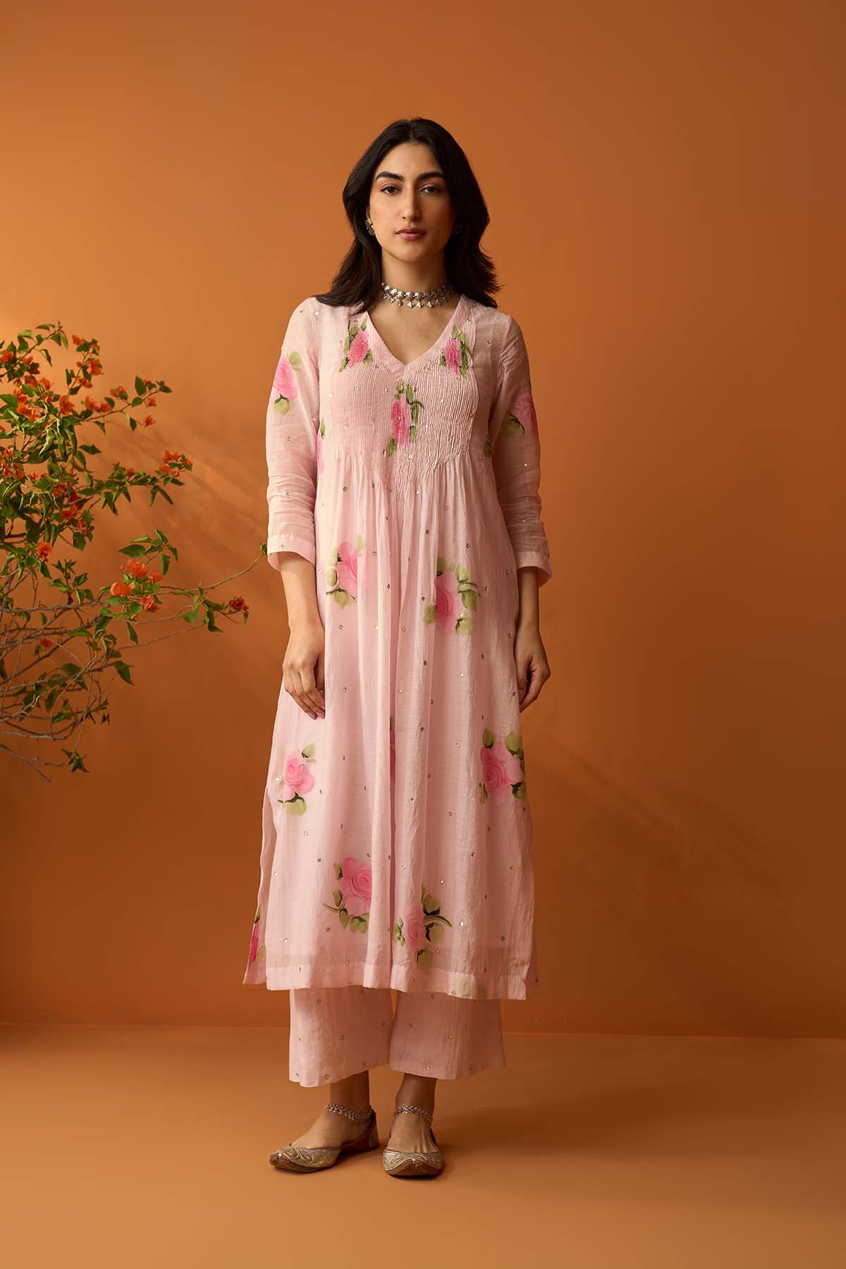 Sirat soft pink Hand painted pintuck kurta with palazzo and dupatta ( set of 3 ) - RTS
